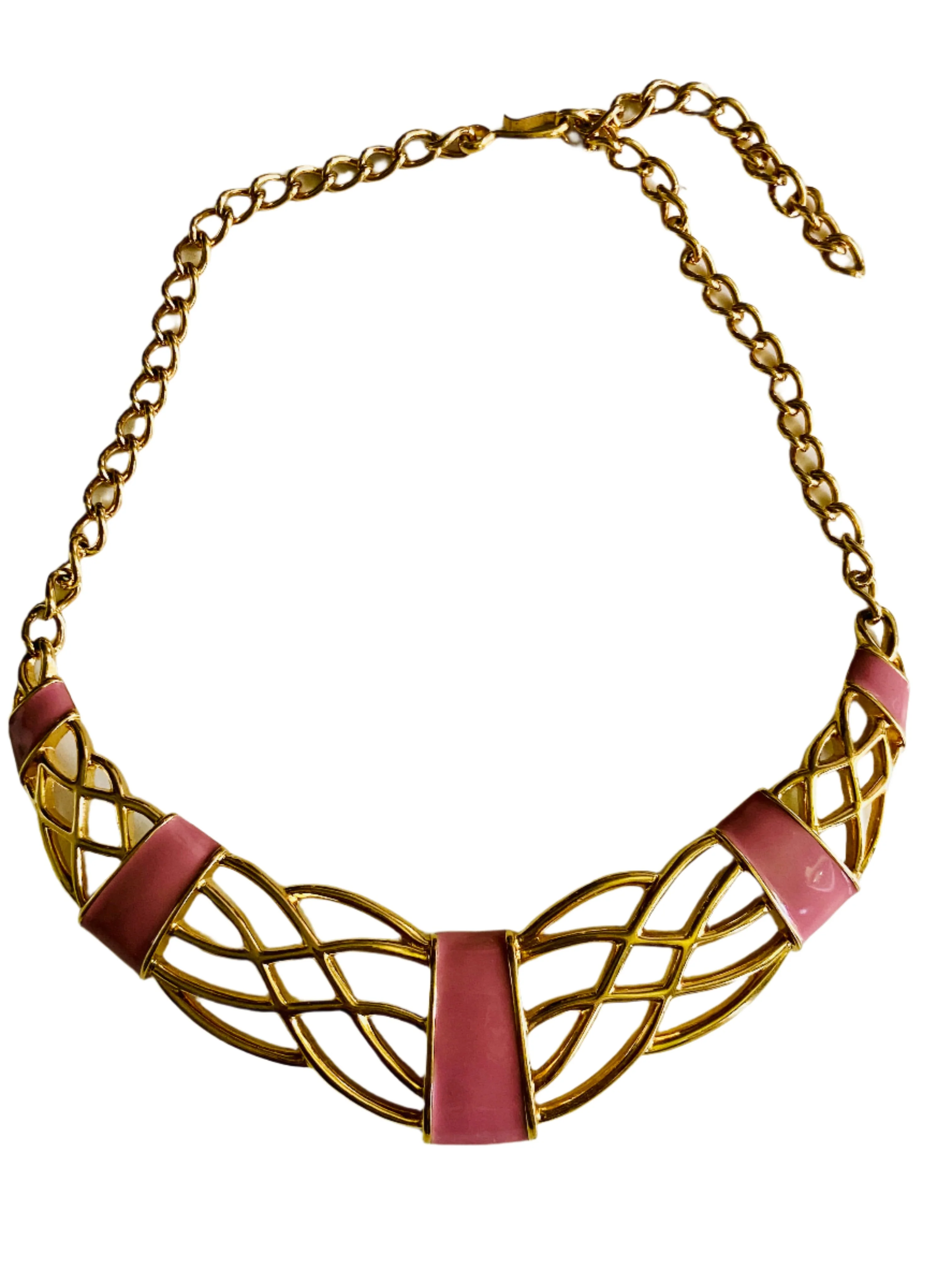 80s Monet Gold and Pink Enamel Statement Necklace - Image 5