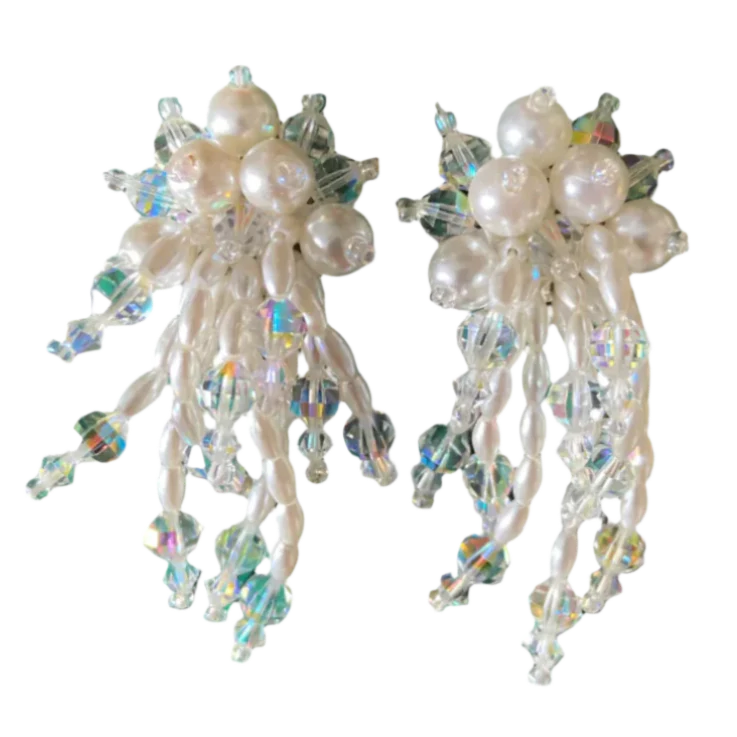 80s Faux Pearl And Crystal Cascade Earrings