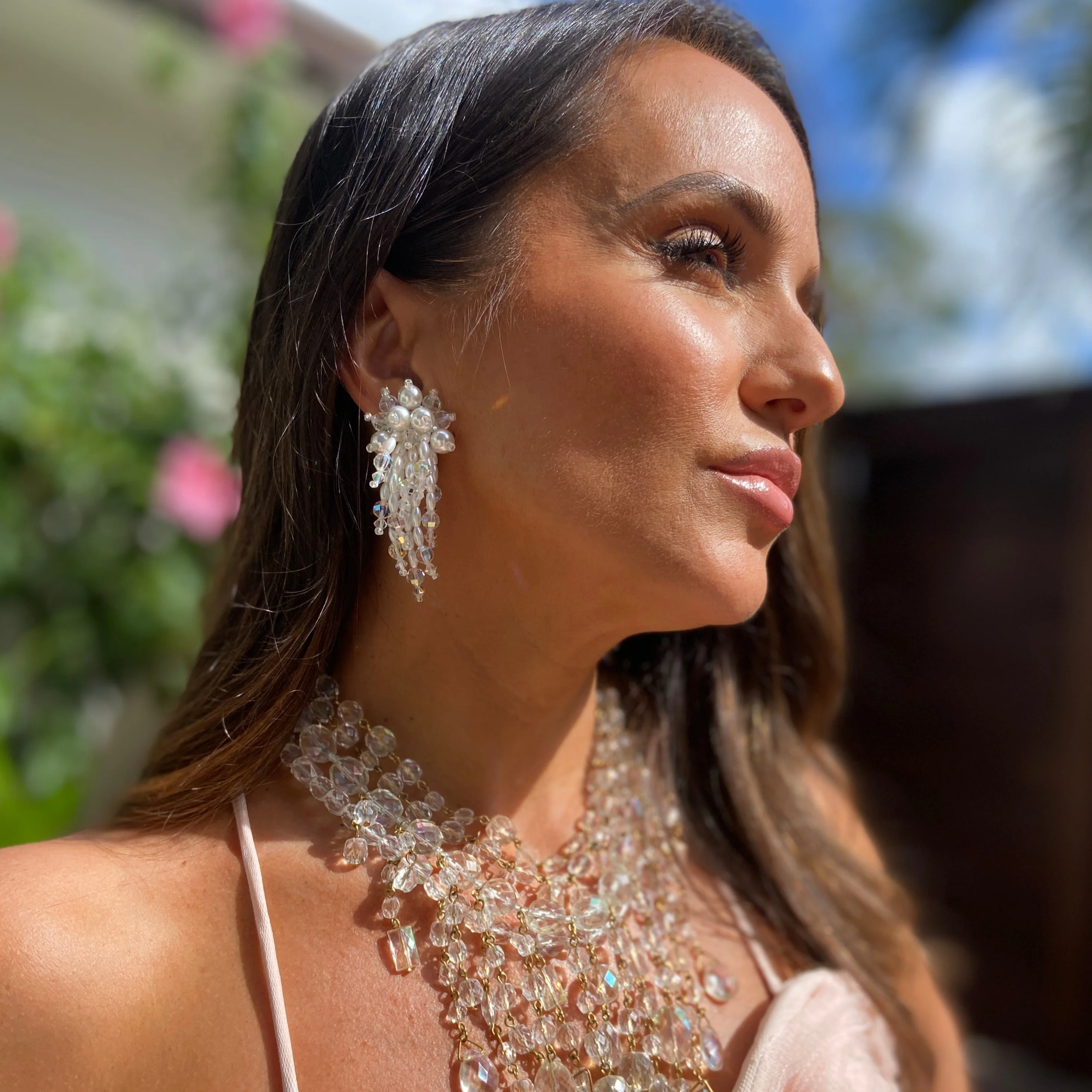 80s Faux Pearl And Crystal Cascade Earrings - Image 2