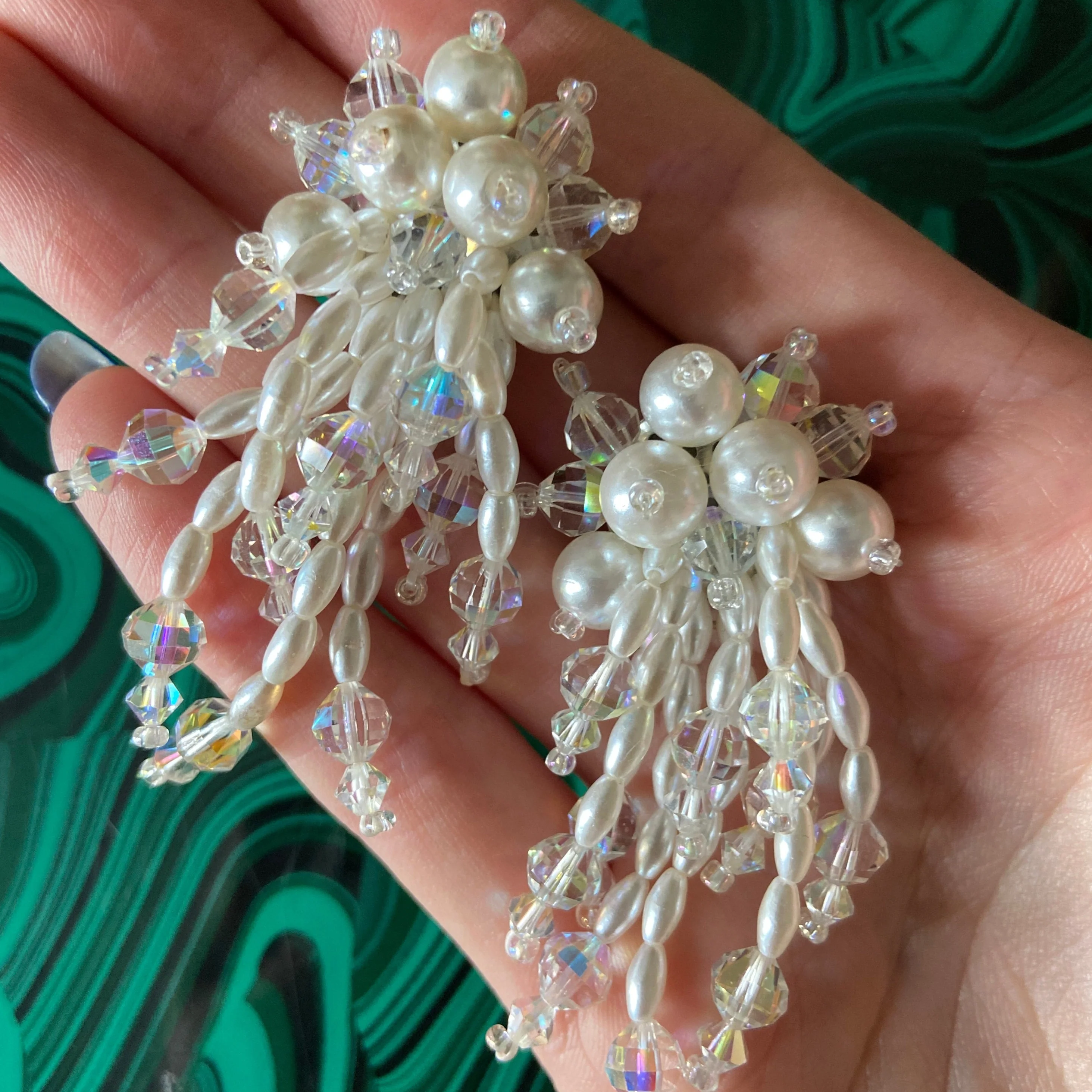 80s Faux Pearl And Crystal Cascade Earrings - Image 3