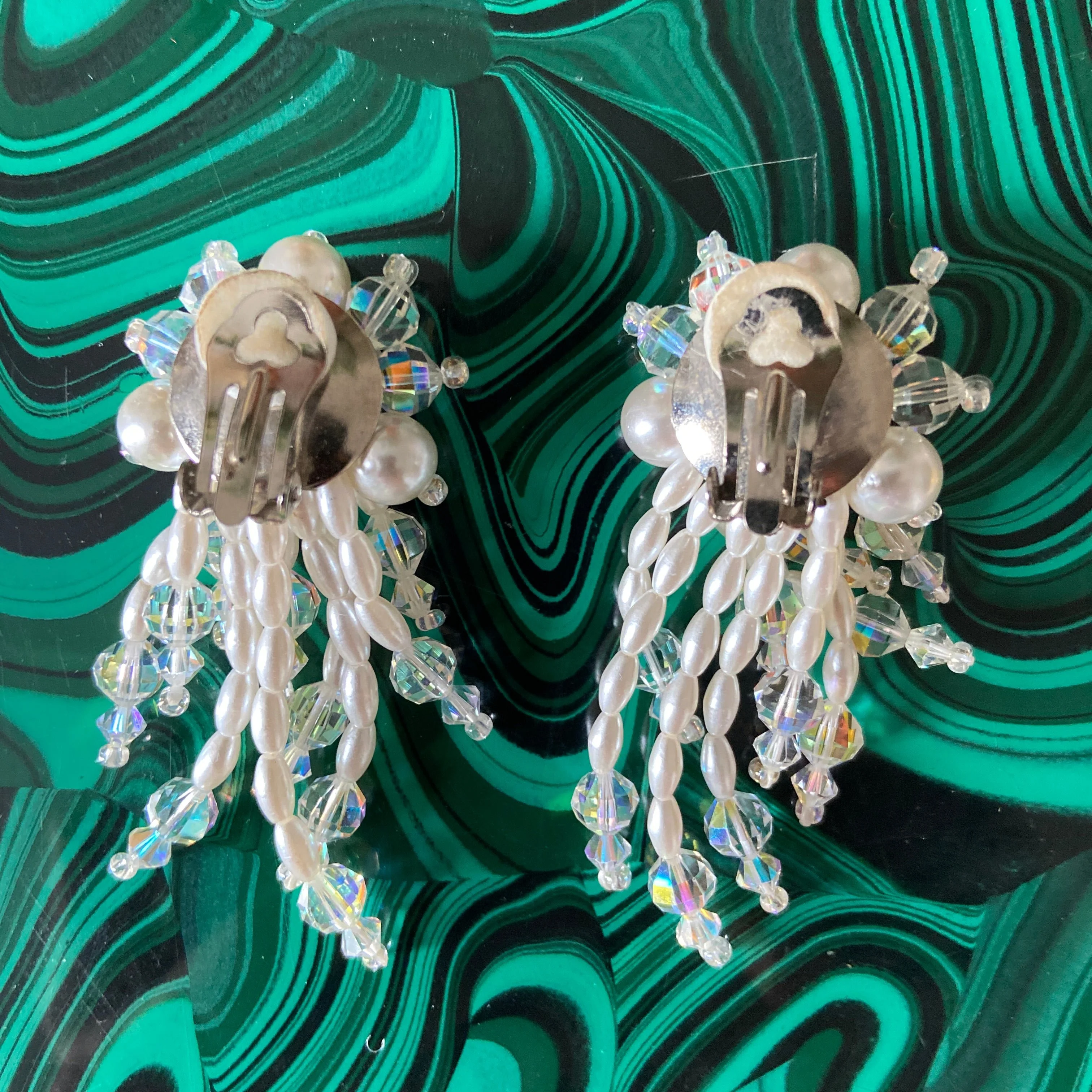 80s Faux Pearl And Crystal Cascade Earrings - Image 4