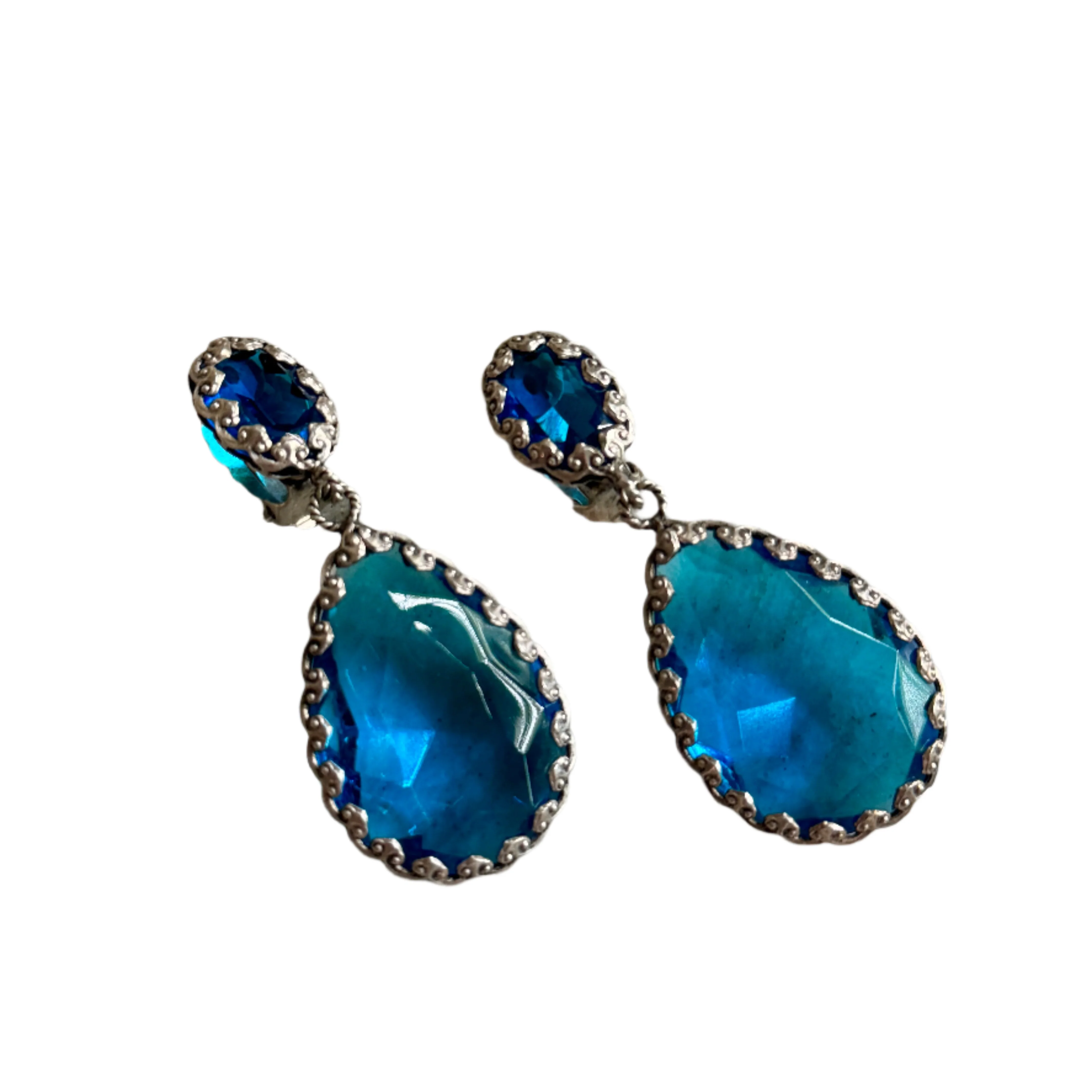 80s French Blue Crystal Drop Earrings - Image 3