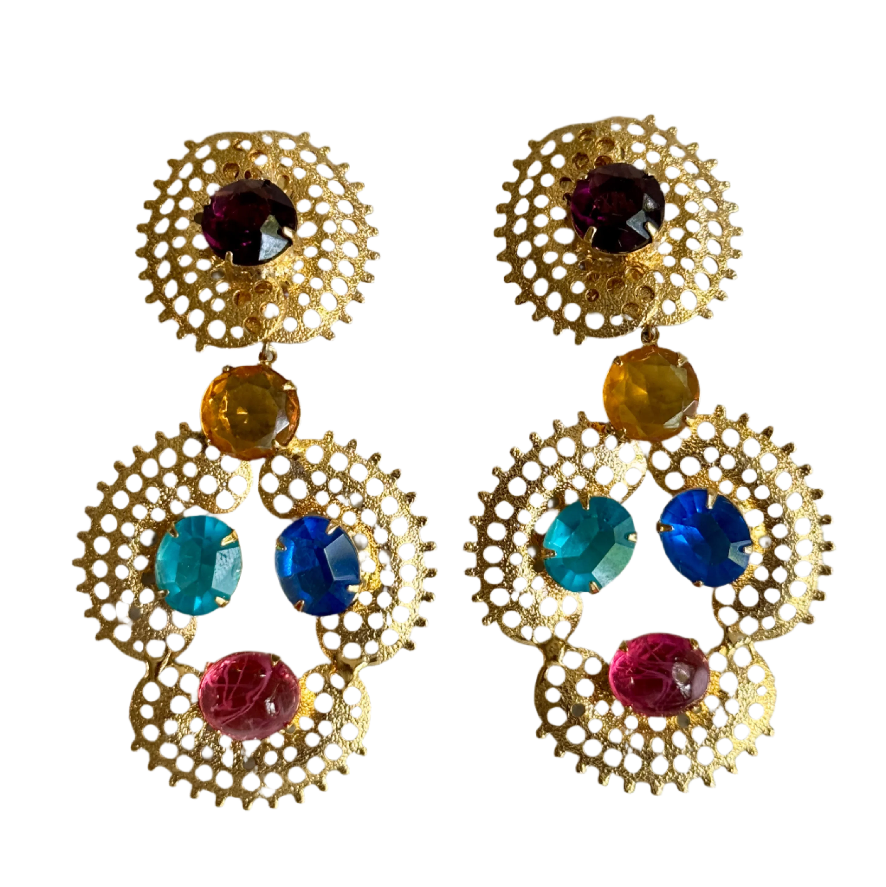 80s Jeweled Gold Filagree Statement Earrings
