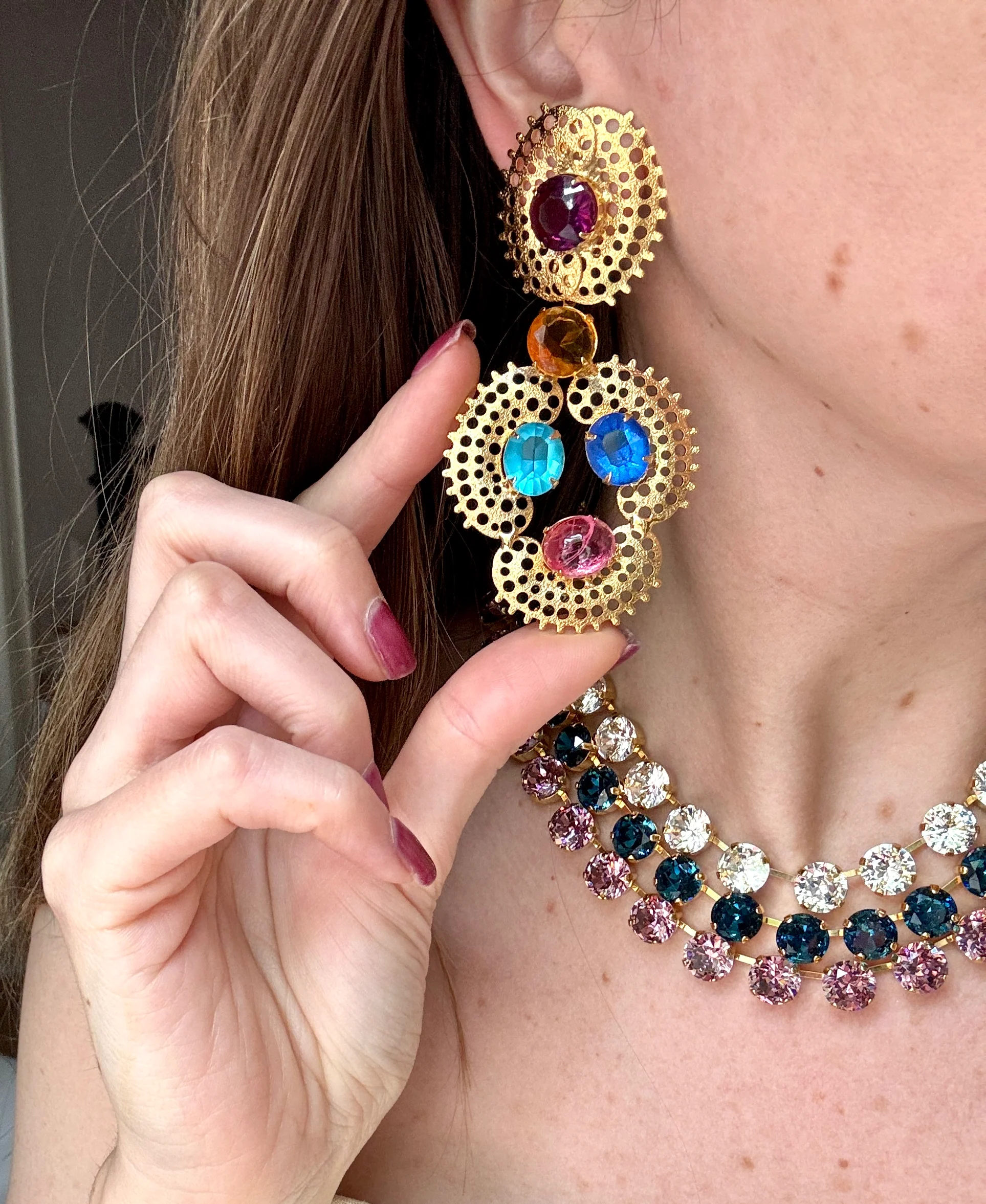 80s Jeweled Gold Filagree Statement Earrings - Image 2