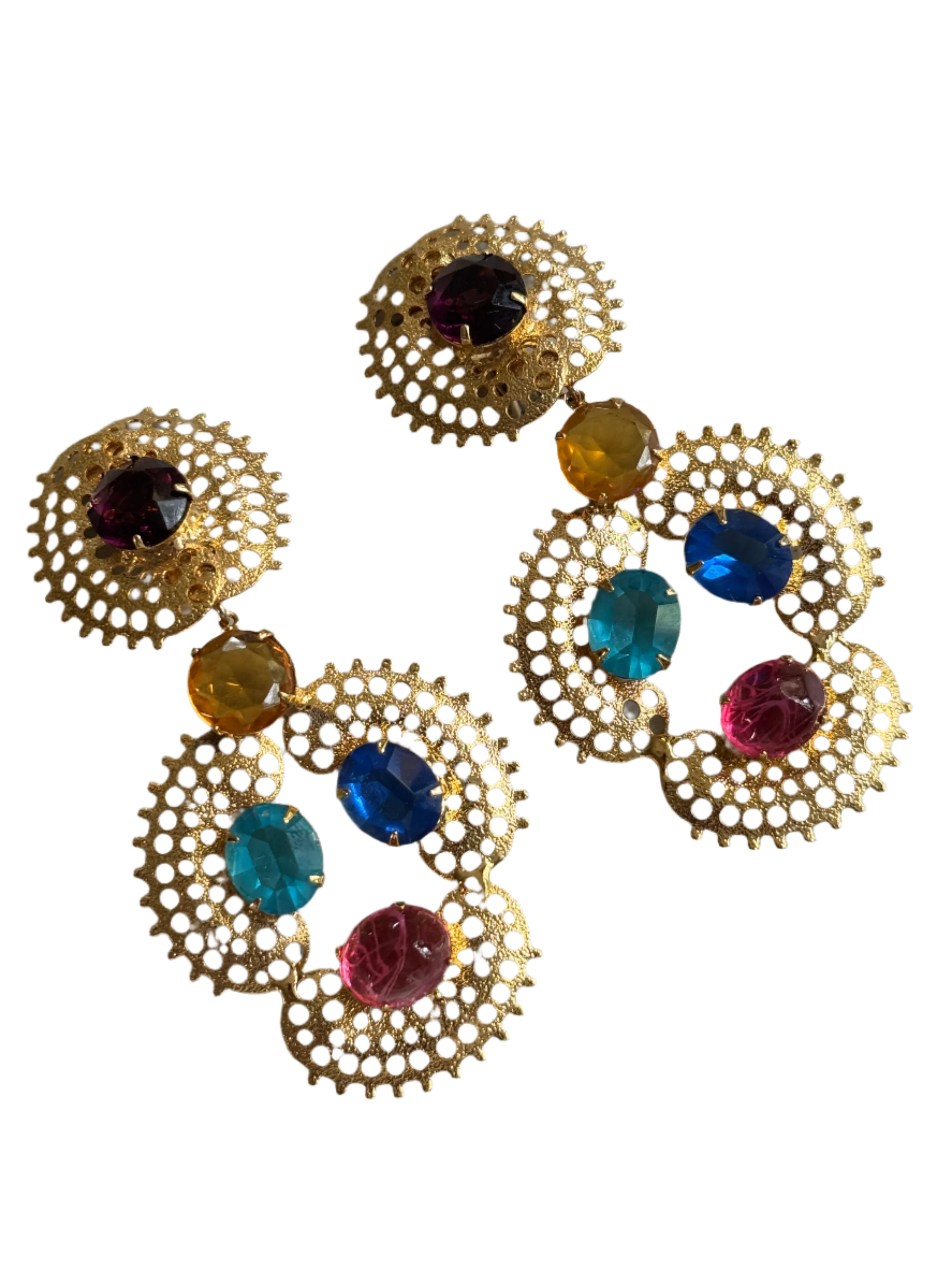 80s Jeweled Gold Filagree Statement Earrings - Image 3