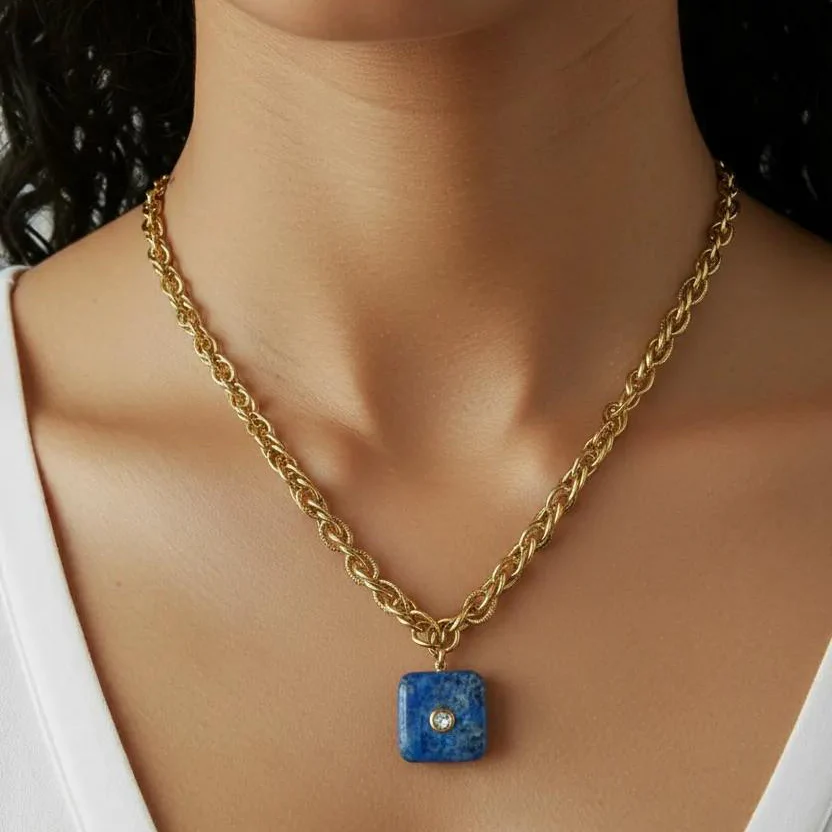 French Blue Lapis  & Rock Crystal Pendant Necklace - Image 2