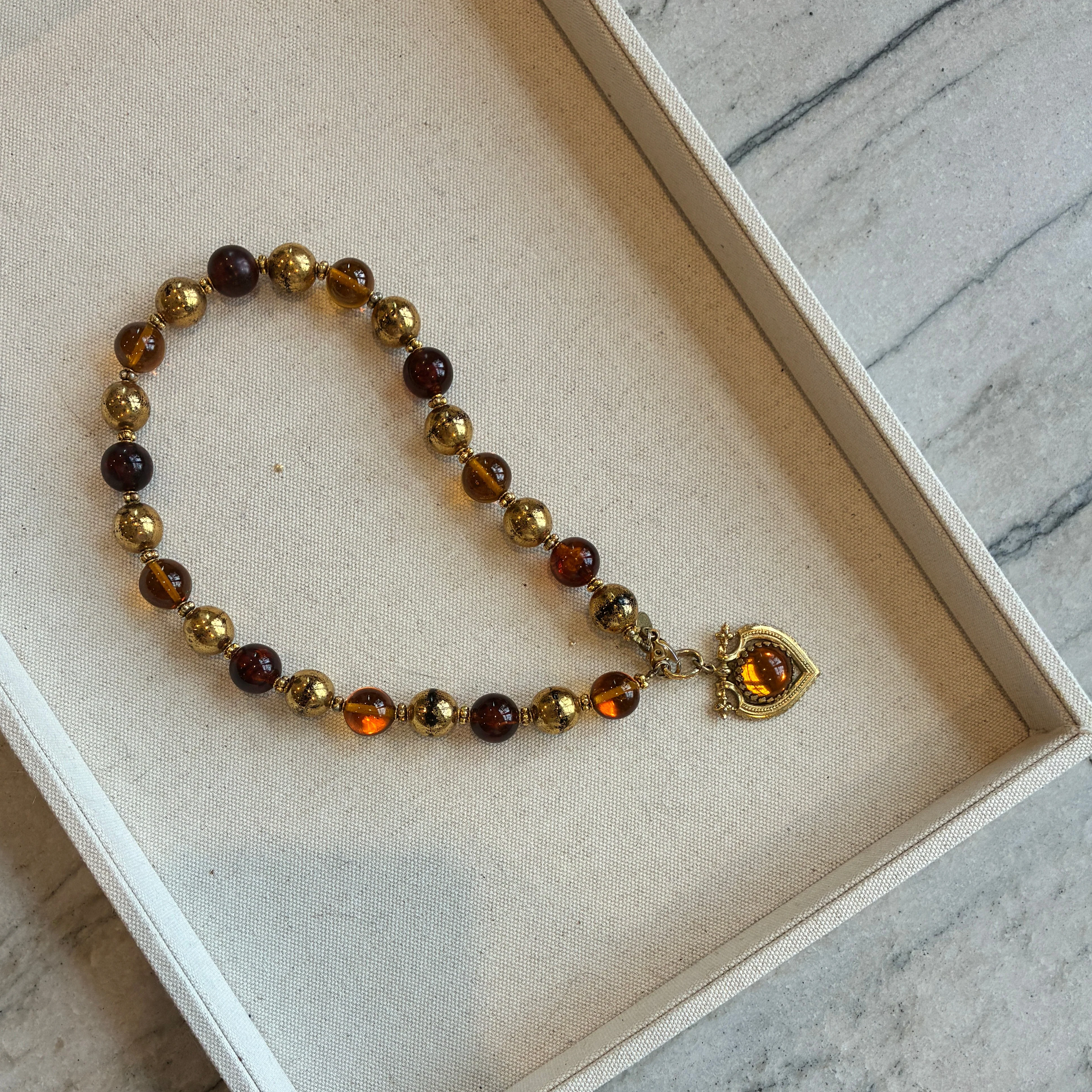 1970s French Brown & Gold Glass Charm Necklace - Image 3