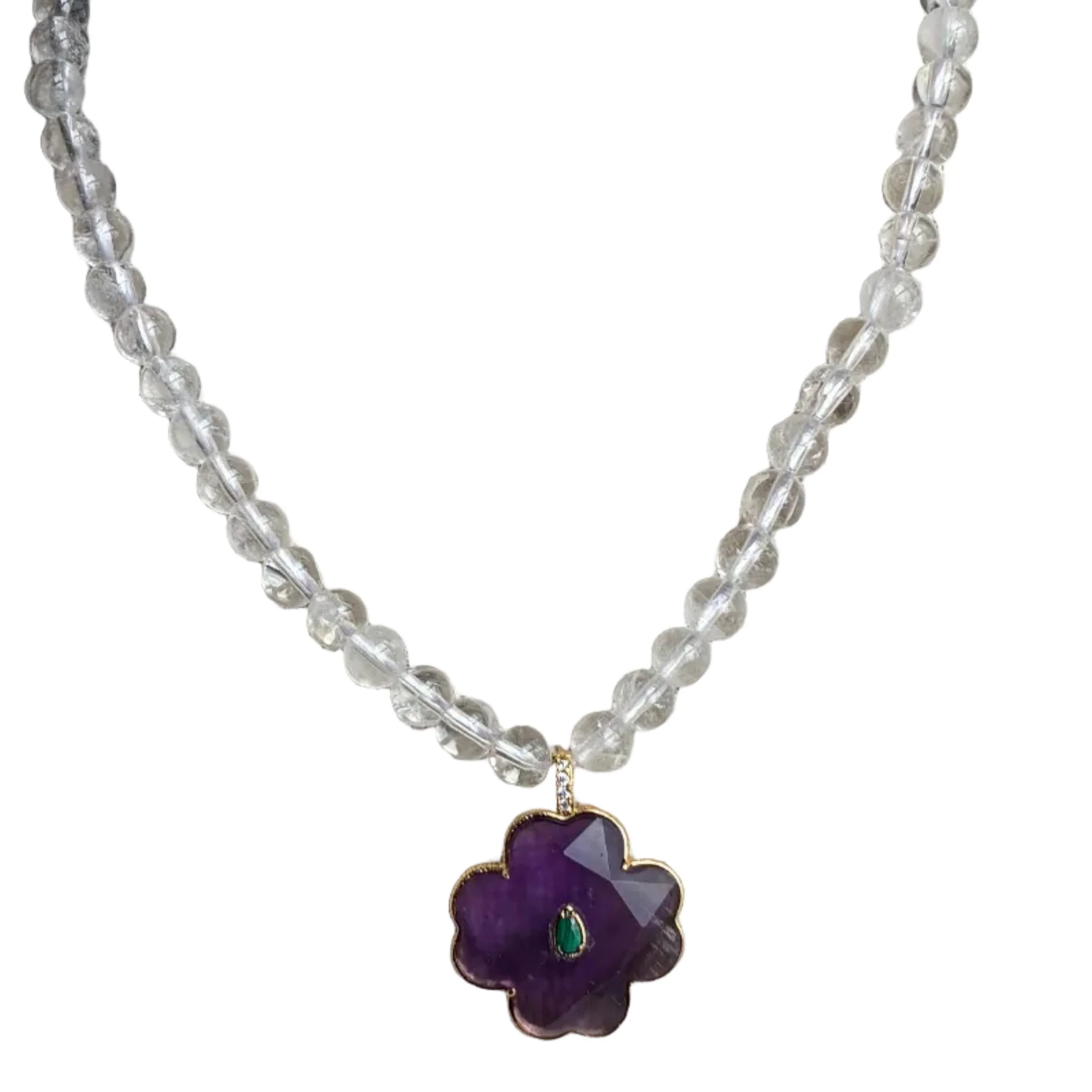 Rock Crystal Bead & Amethyst Flower Necklace