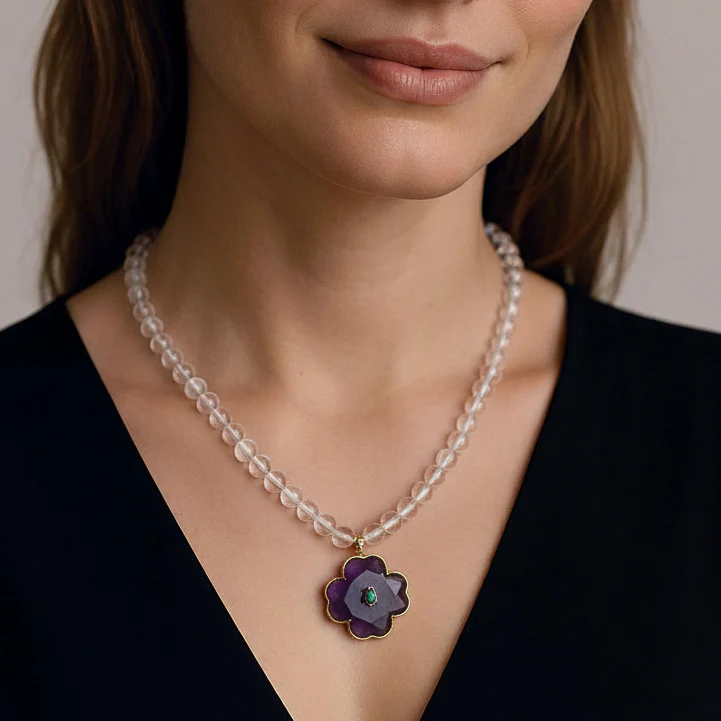 Rock Crystal Bead & Amethyst Flower Necklace - Image 2
