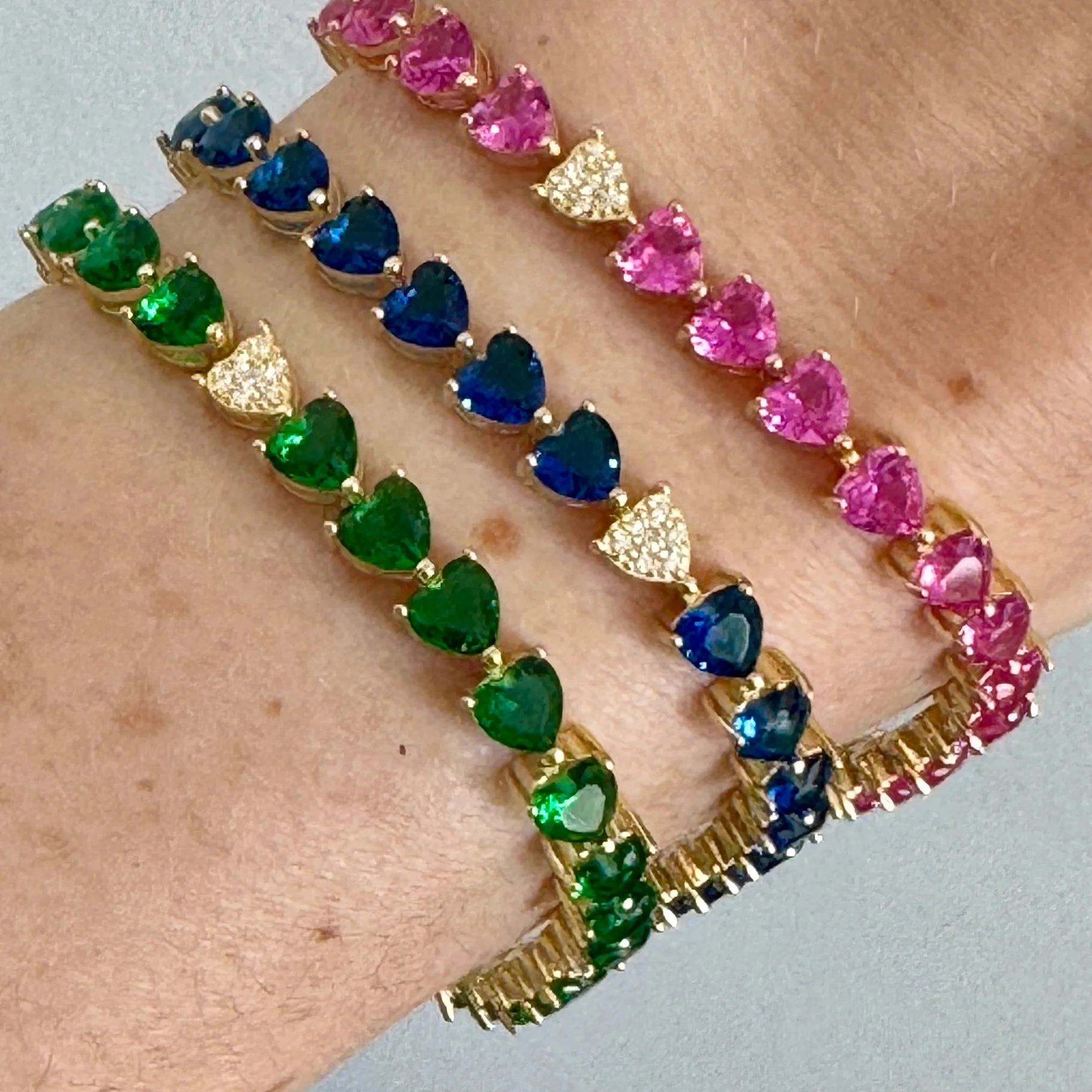Pink, Blue or Emerald Green Crystal Heart Tennis Bracelet - Image 2