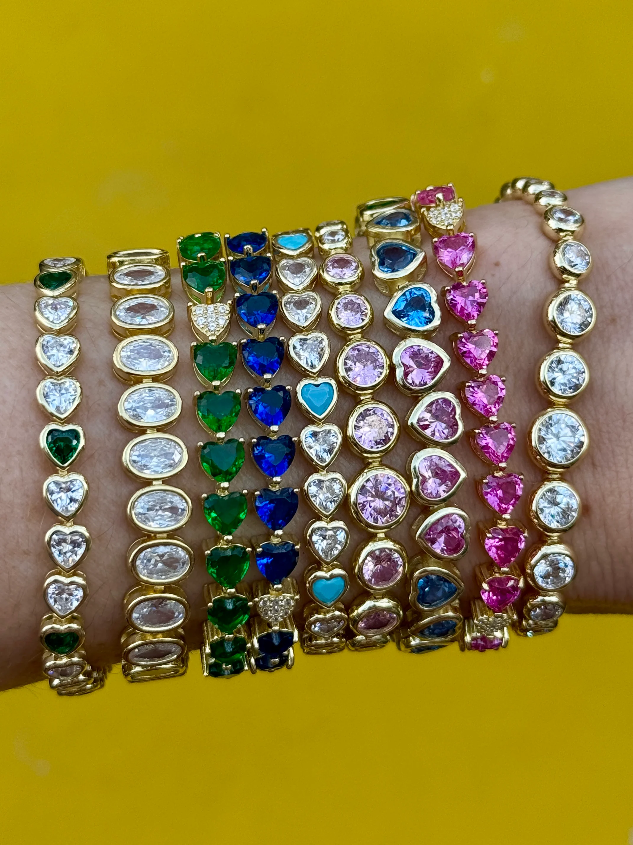Pink, Blue or Emerald Green Crystal Heart Tennis Bracelet - Image 4