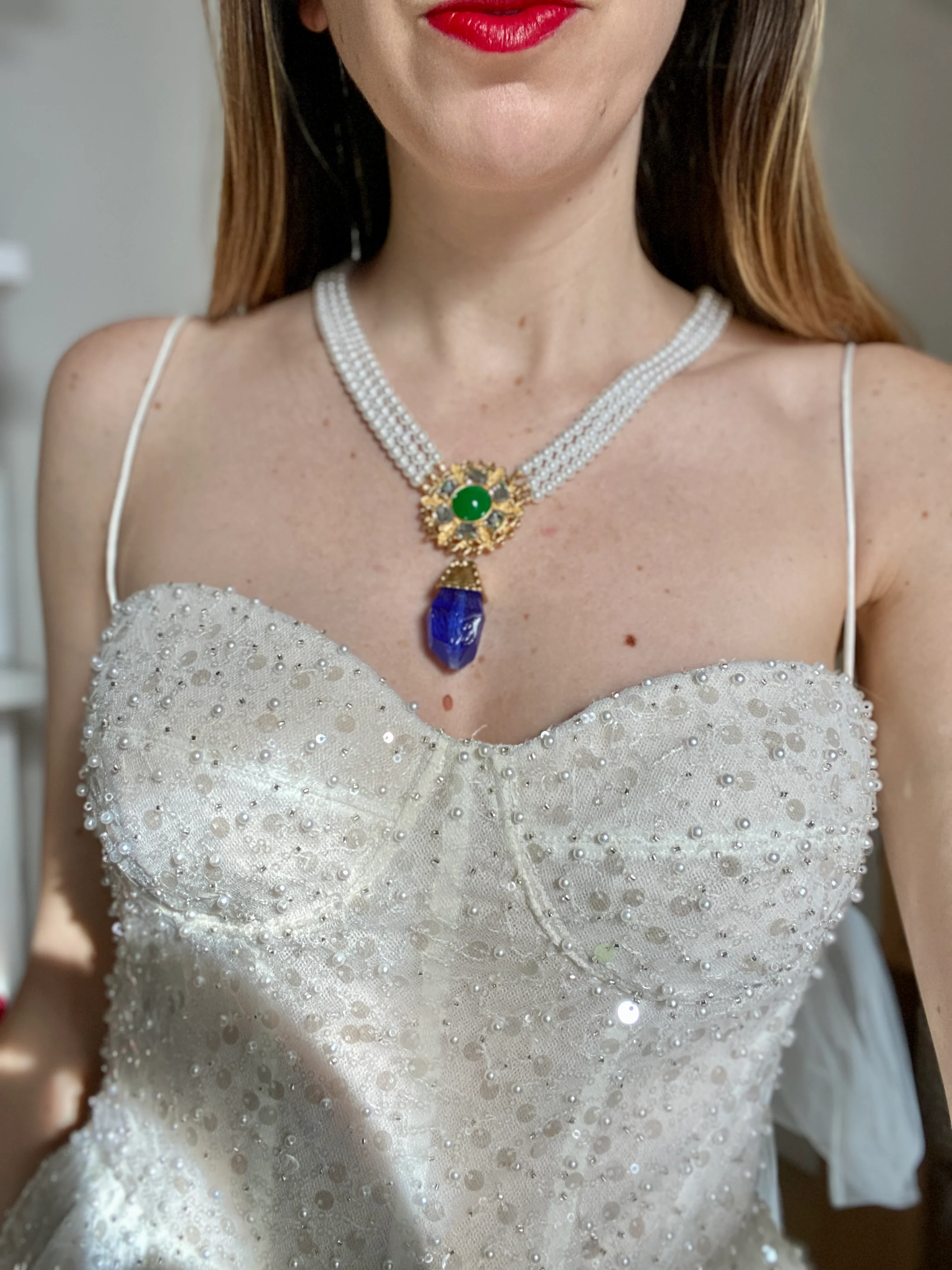 Multi-Strand Pearl Blue Jeweled Necklace - Image 3