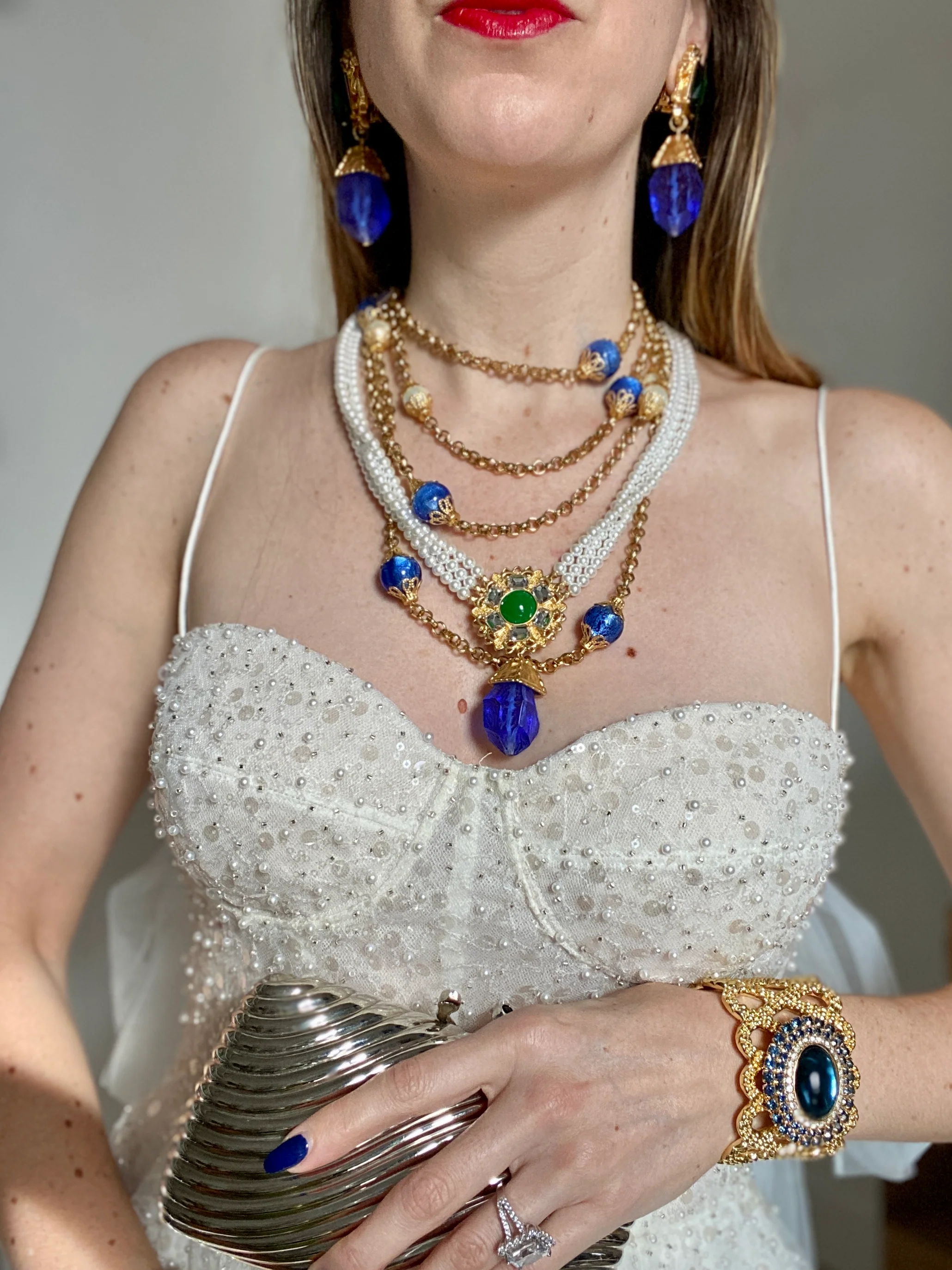 Multi-Strand Pearl Blue Jeweled Necklace - Image 4