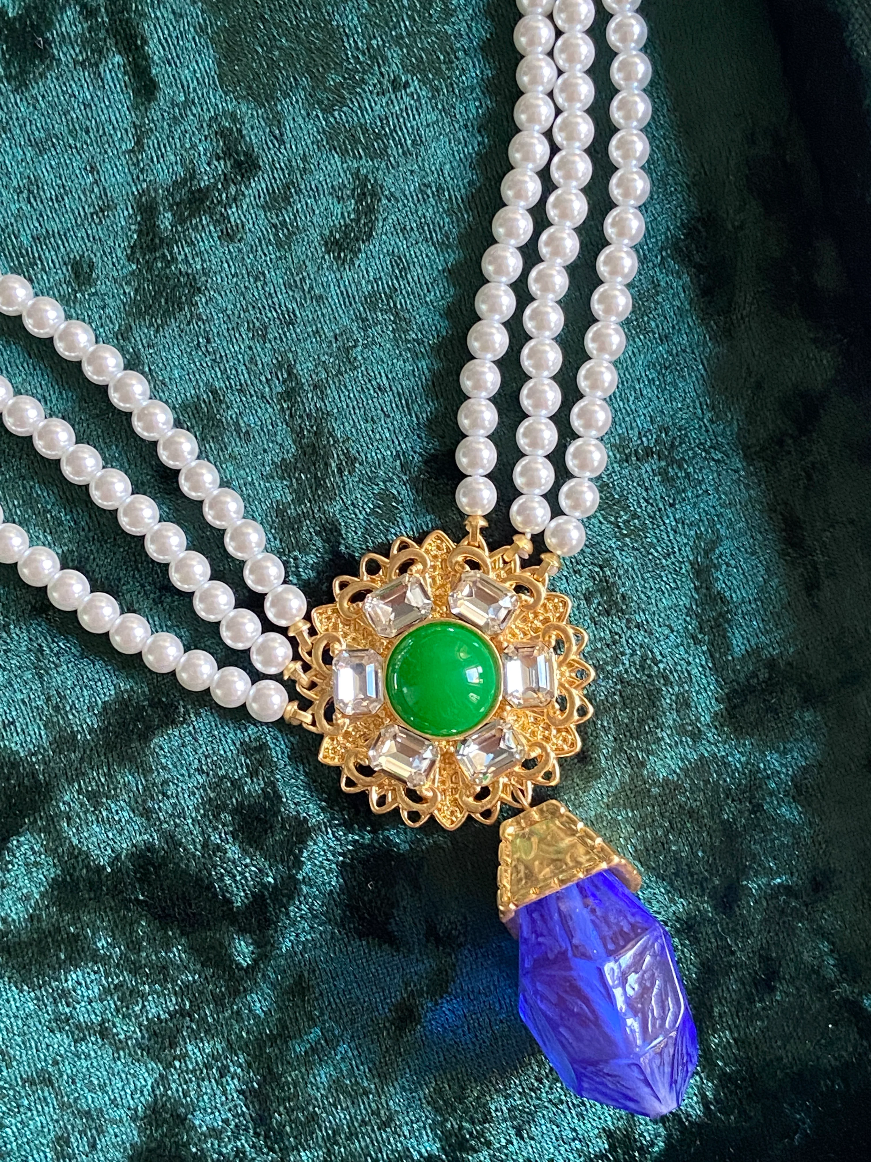 Multi-Strand Pearl Blue Jeweled Necklace - Image 6