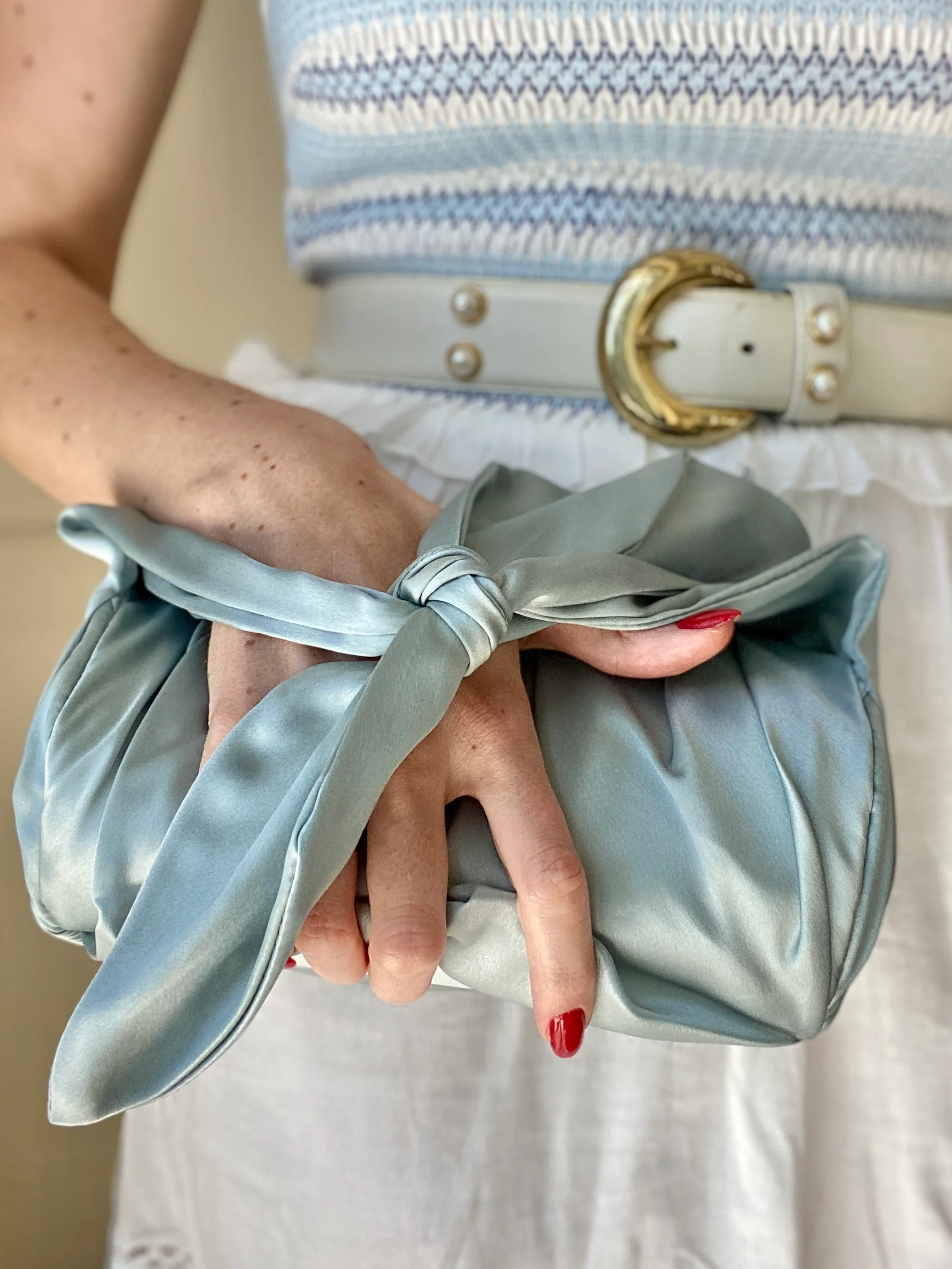 Designer Rejina Pyo Blue Satin Top Knot Bag - Image 12