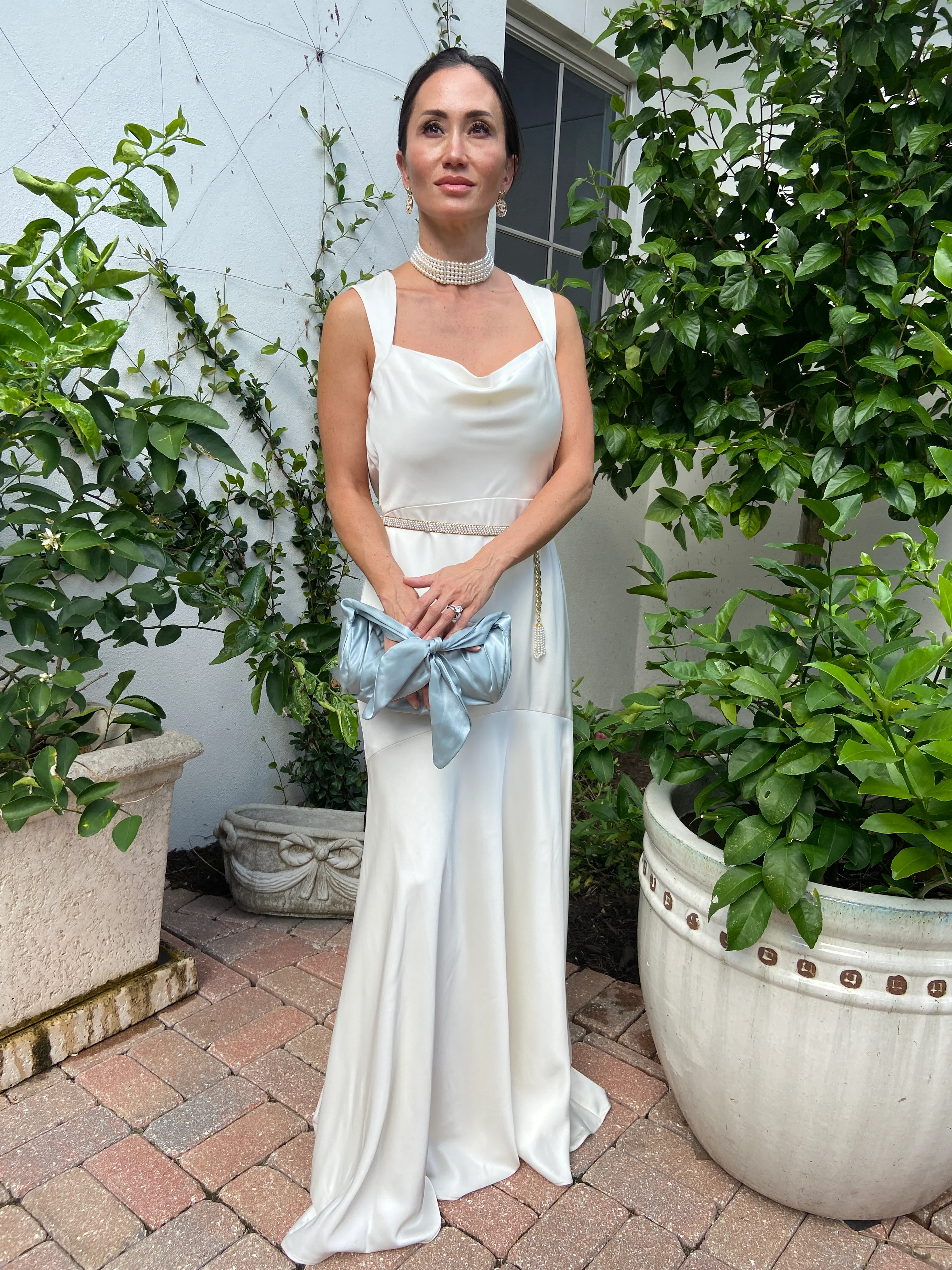 Designer Rejina Pyo Blue Satin Top Knot Bag - Image 3