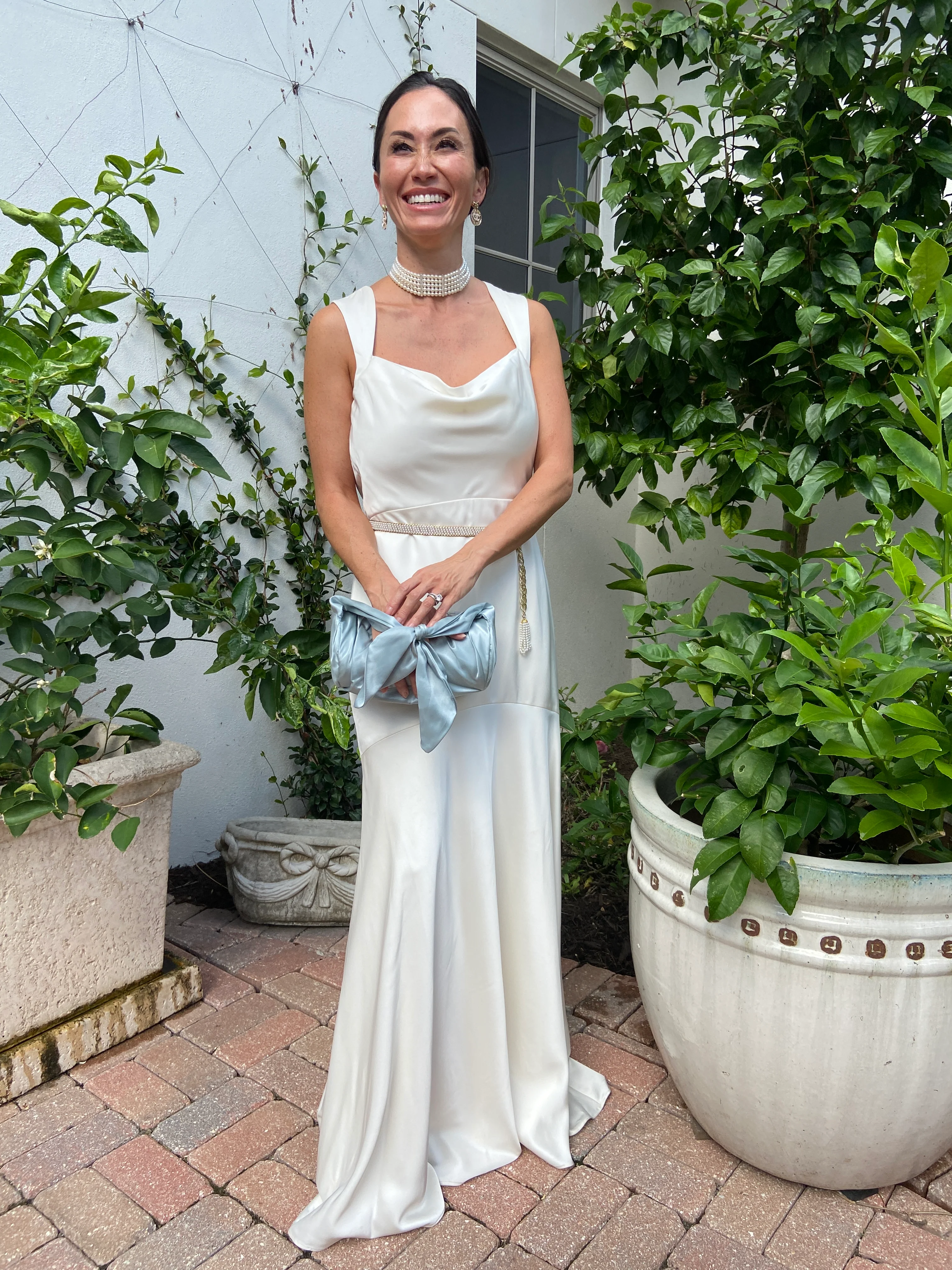 Designer Rejina Pyo Blue Satin Top Knot Bag - Image 4