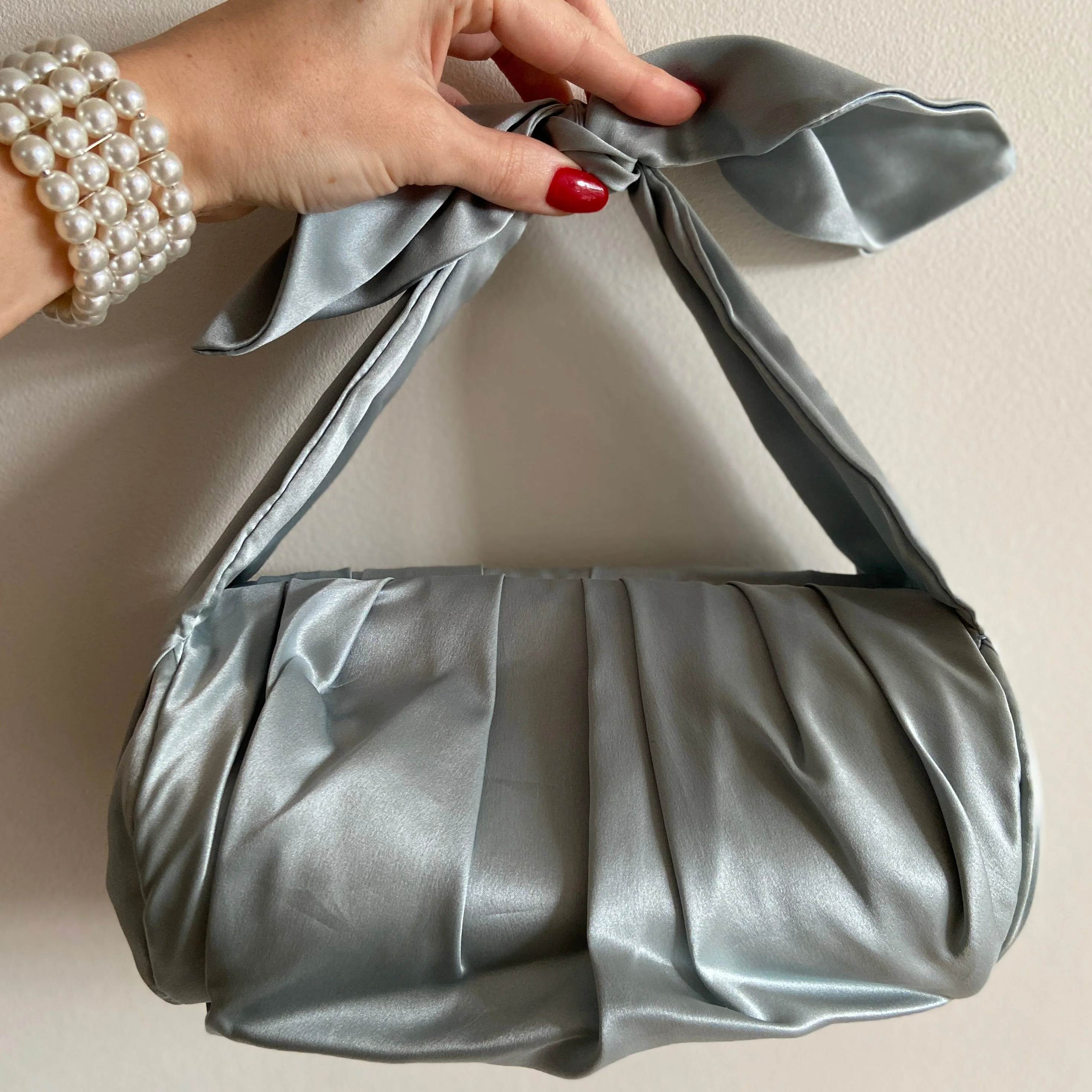 Designer Rejina Pyo Blue Satin Top Knot Bag - Image 5