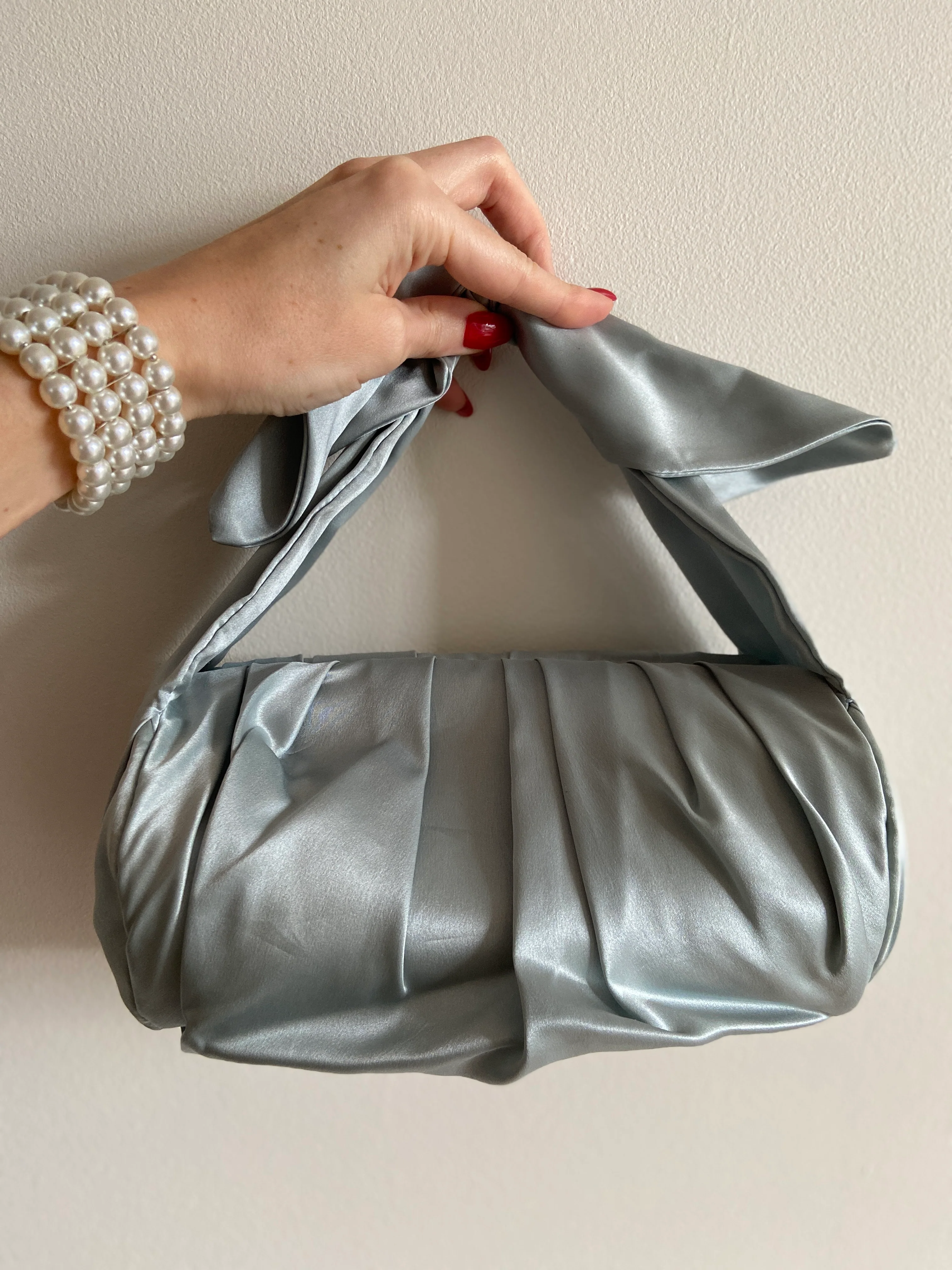 Designer Rejina Pyo Blue Satin Top Knot Bag - Image 6