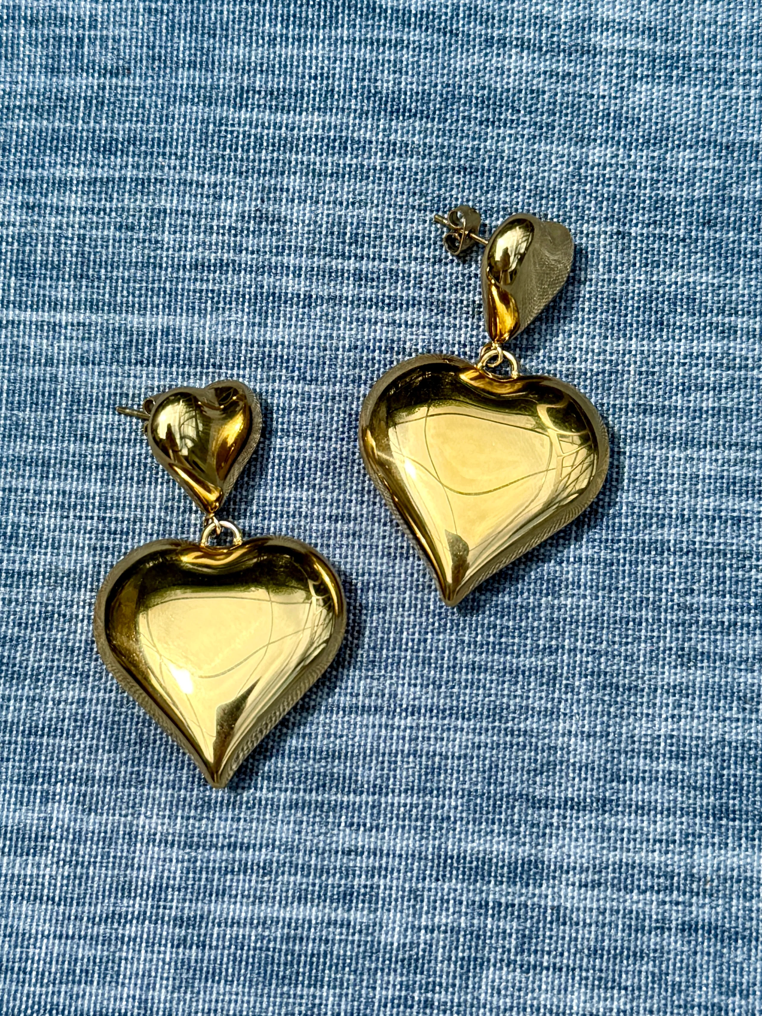 Double Gold Puffed Heart Post Earrings - Image 4