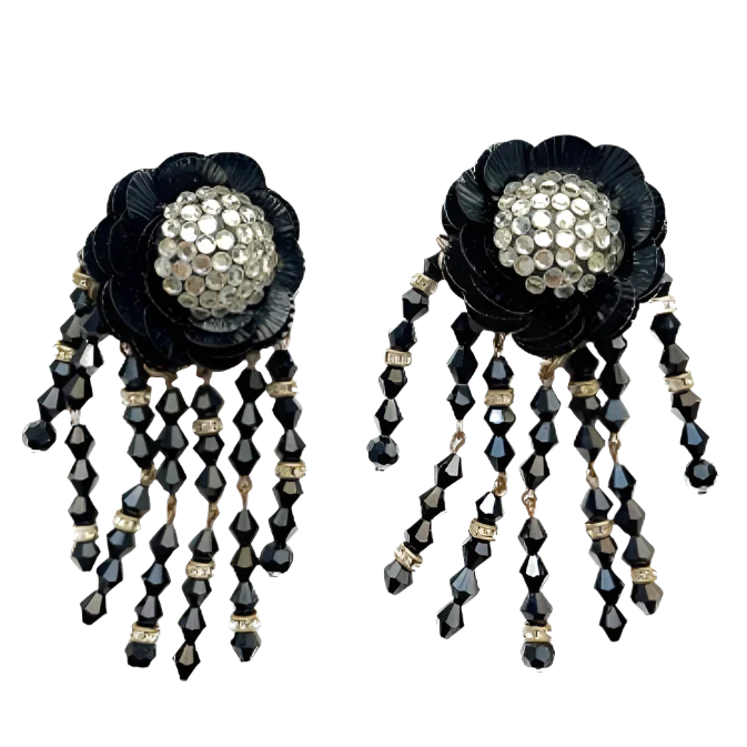 Huge 80s Black Crystal Flower Cascade Clip On Earrings