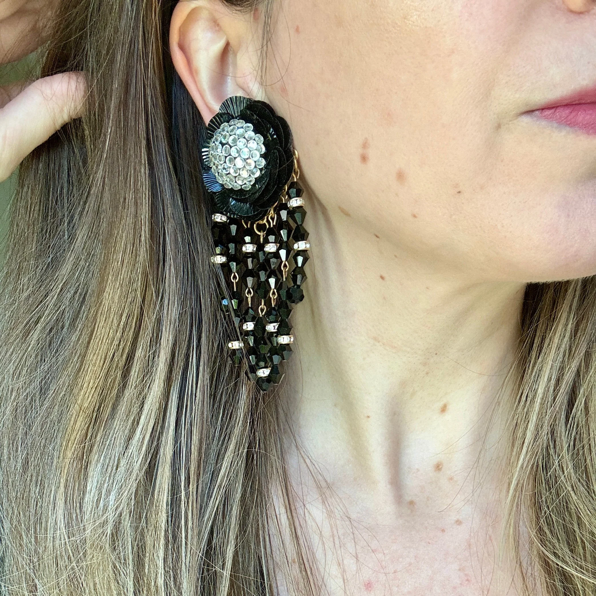 Huge 80s Black Crystal Flower Cascade Clip On Earrings - Image 2