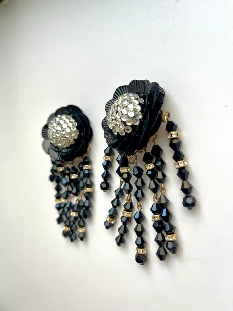 Huge 80s Black Crystal Flower Cascade Clip On Earrings - Image 3