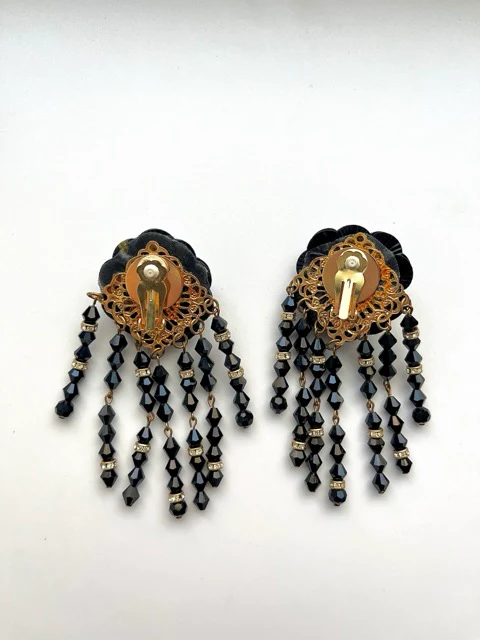 Huge 80s Black Crystal Flower Cascade Clip On Earrings - Image 4