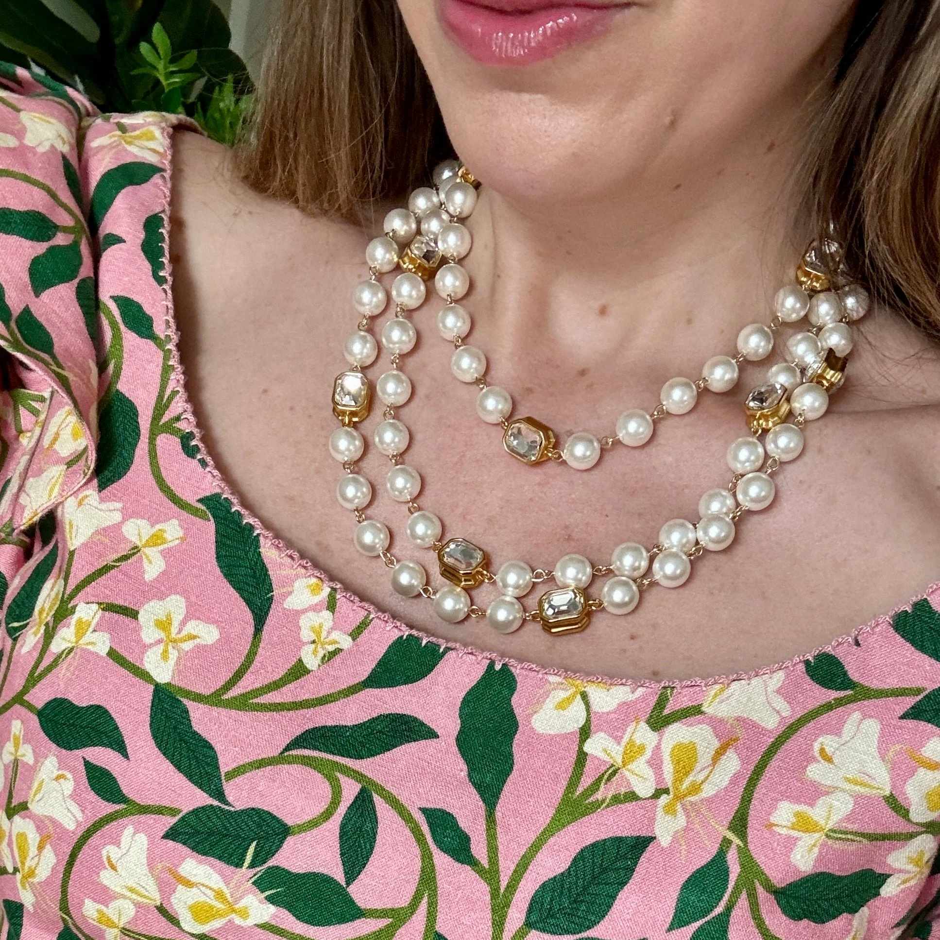 Extra Long French Faux Pearl Crystal Necklace - Image 2