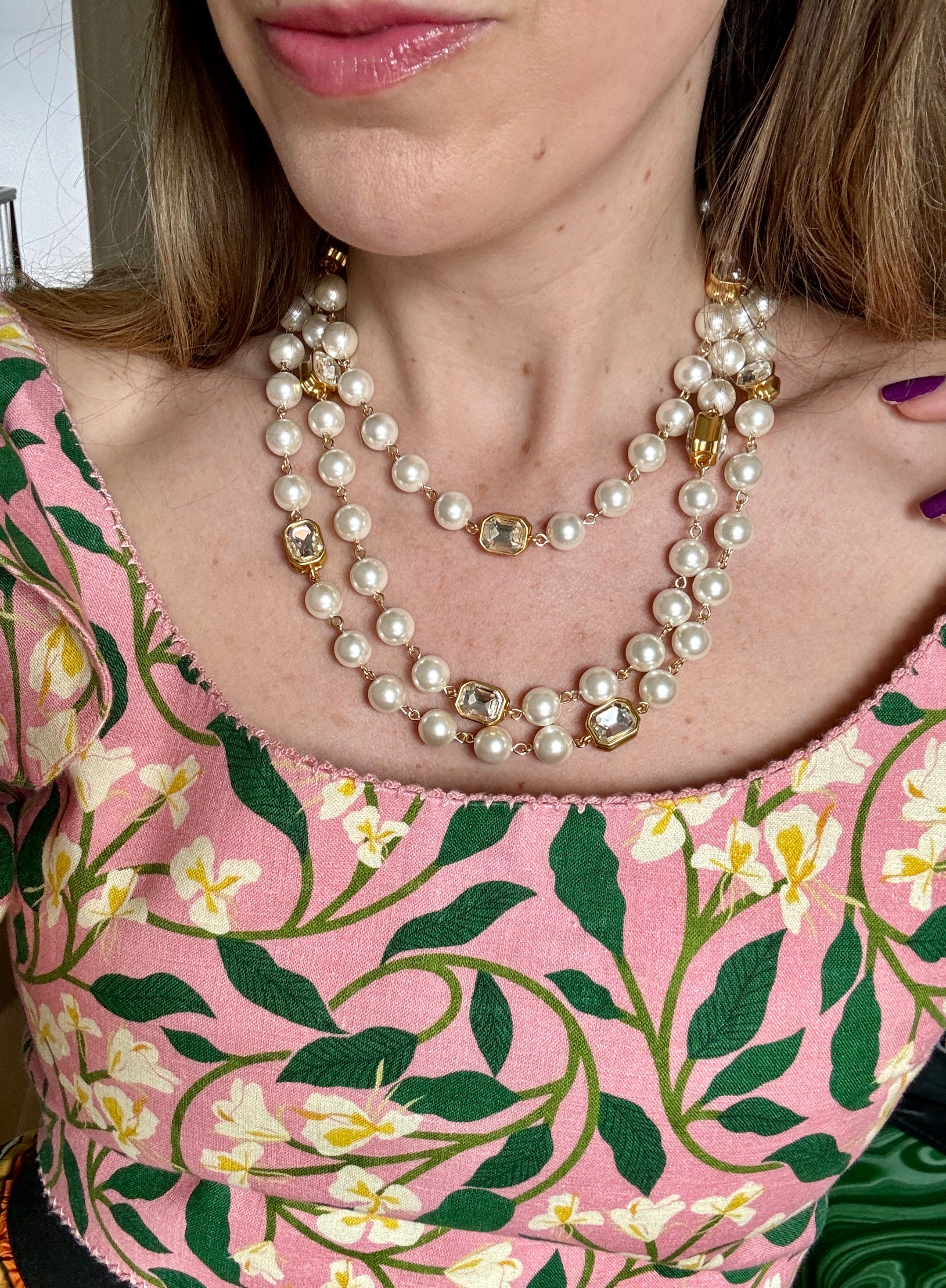 Extra Long French Faux Pearl Crystal Necklace - Image 3
