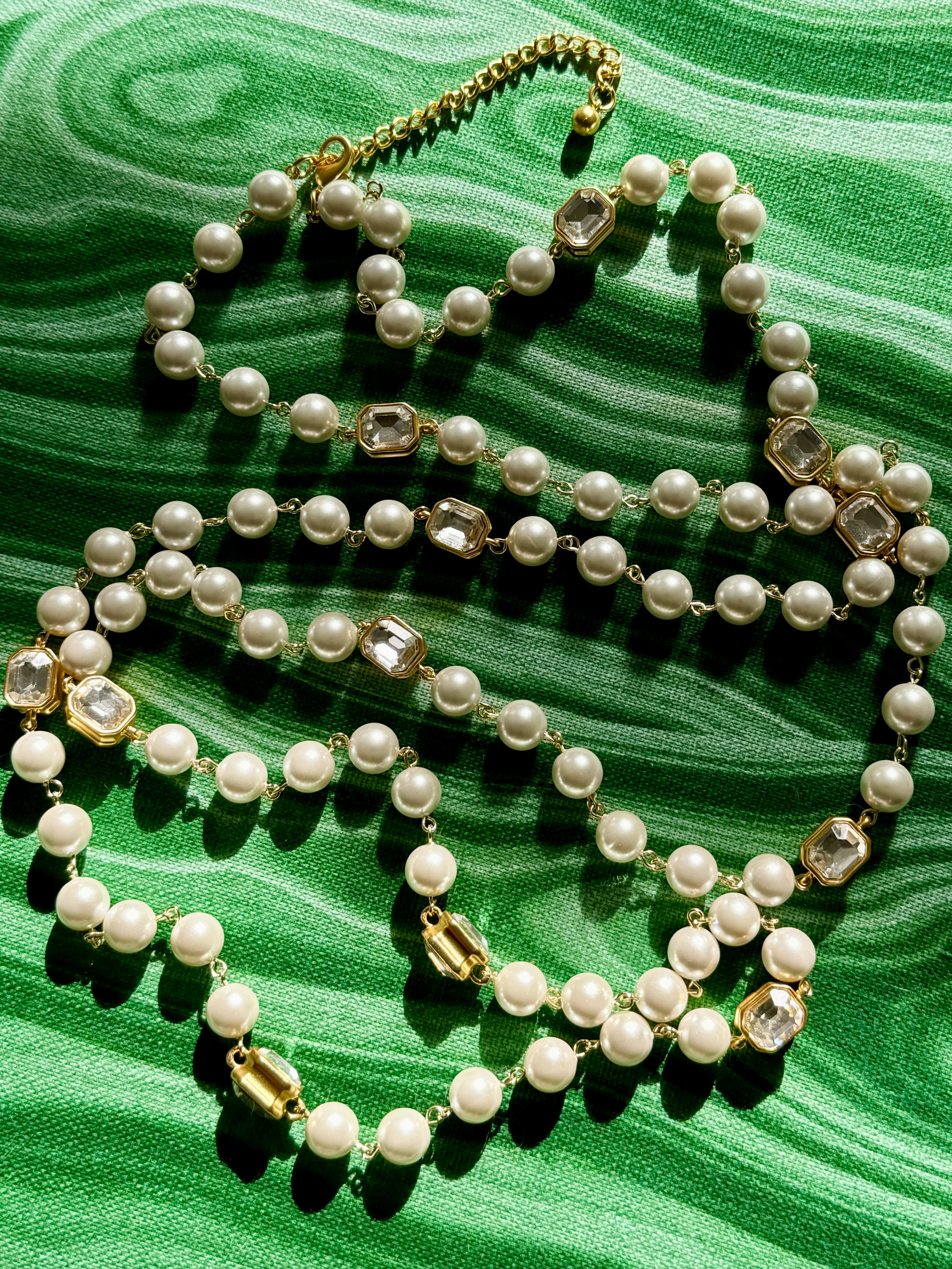 Extra Long French Faux Pearl Crystal Necklace - Image 4