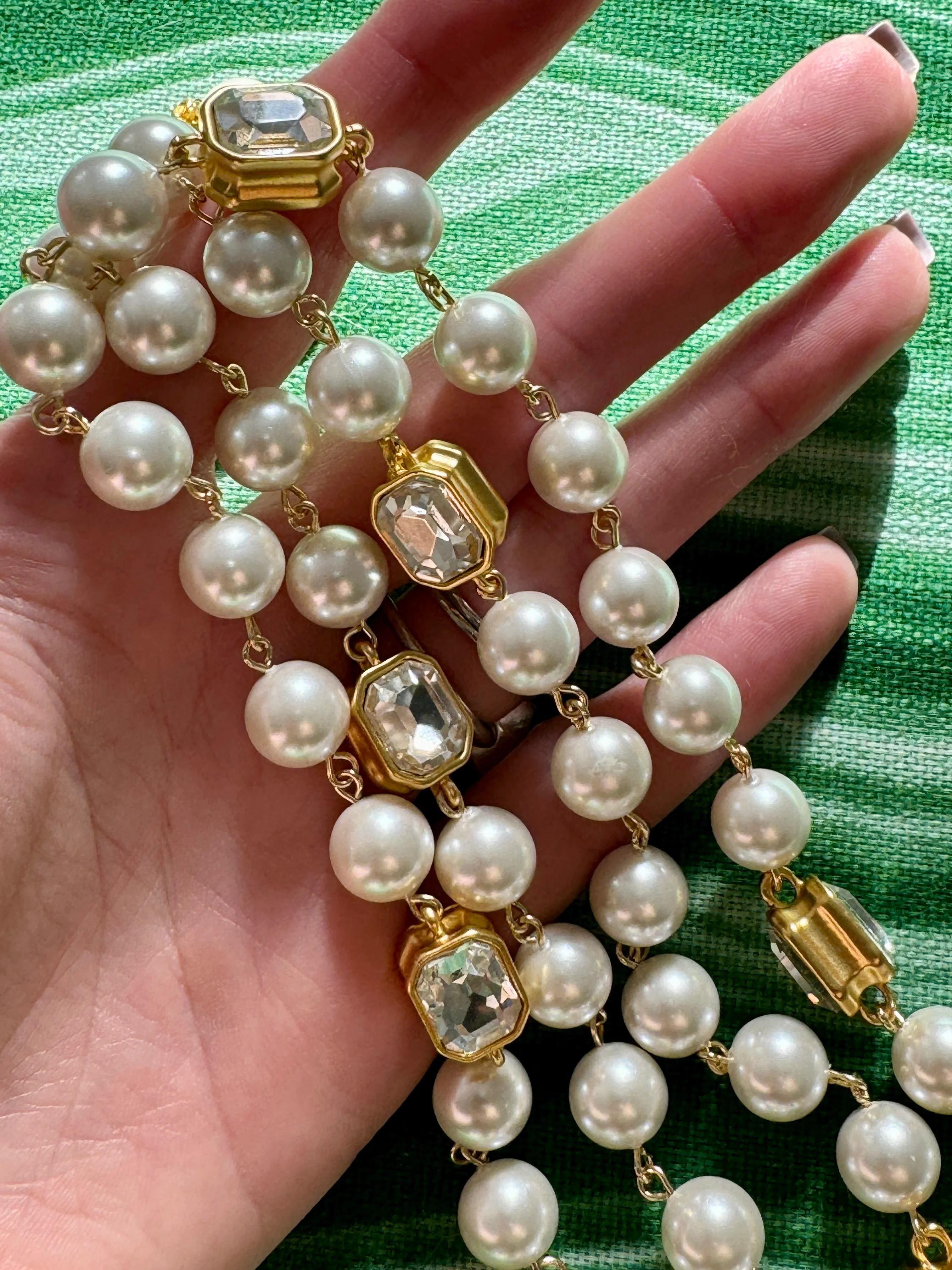 Extra Long French Faux Pearl Crystal Necklace - Image 5