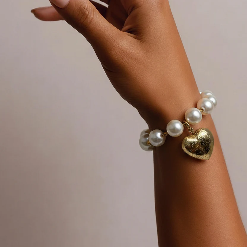 Francine Bramli XL Pearl and Gold Heart Bracelet - Image 2