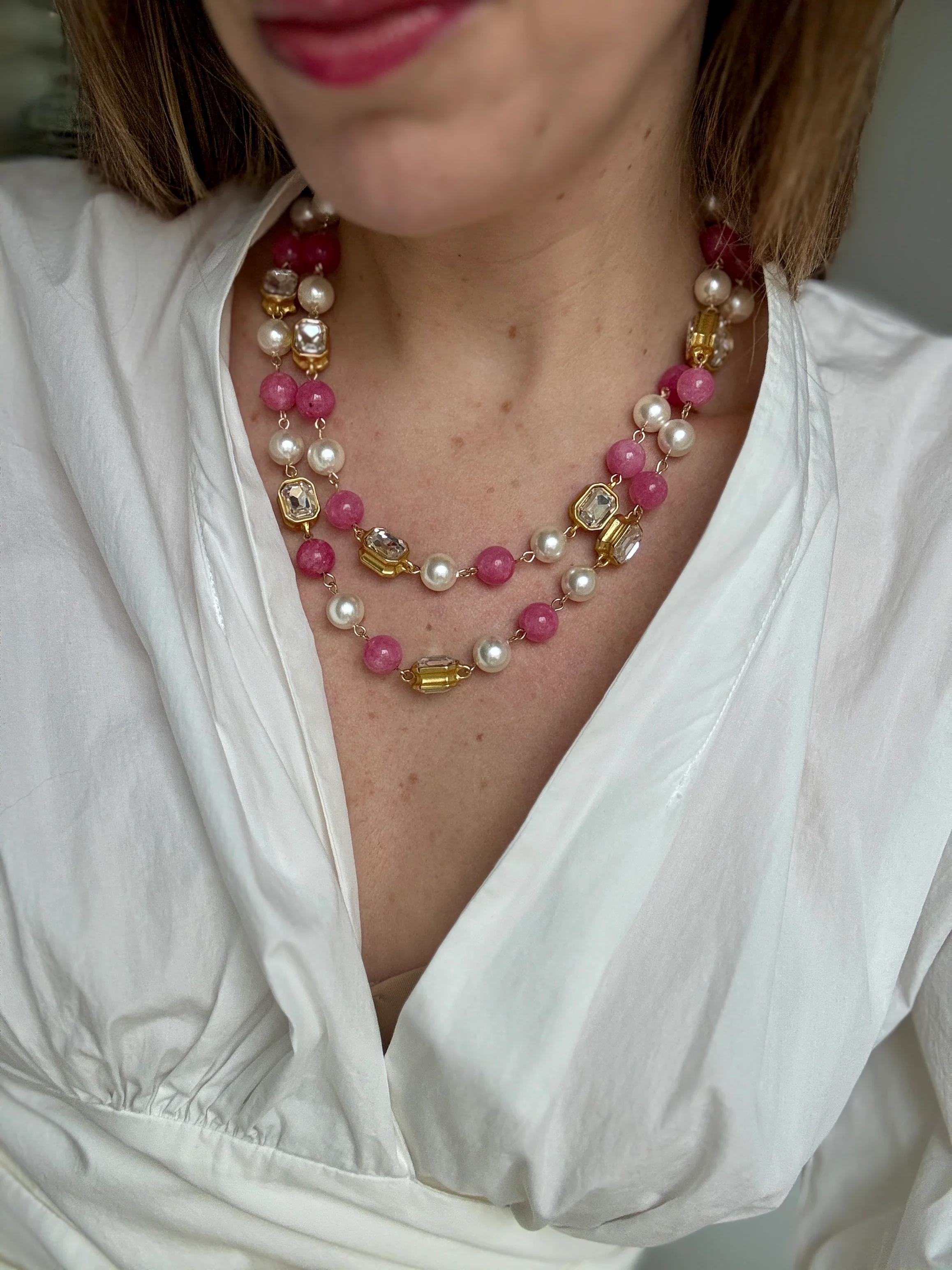 French Blue or Pink Glass Long Pearl Necklace - Image 2