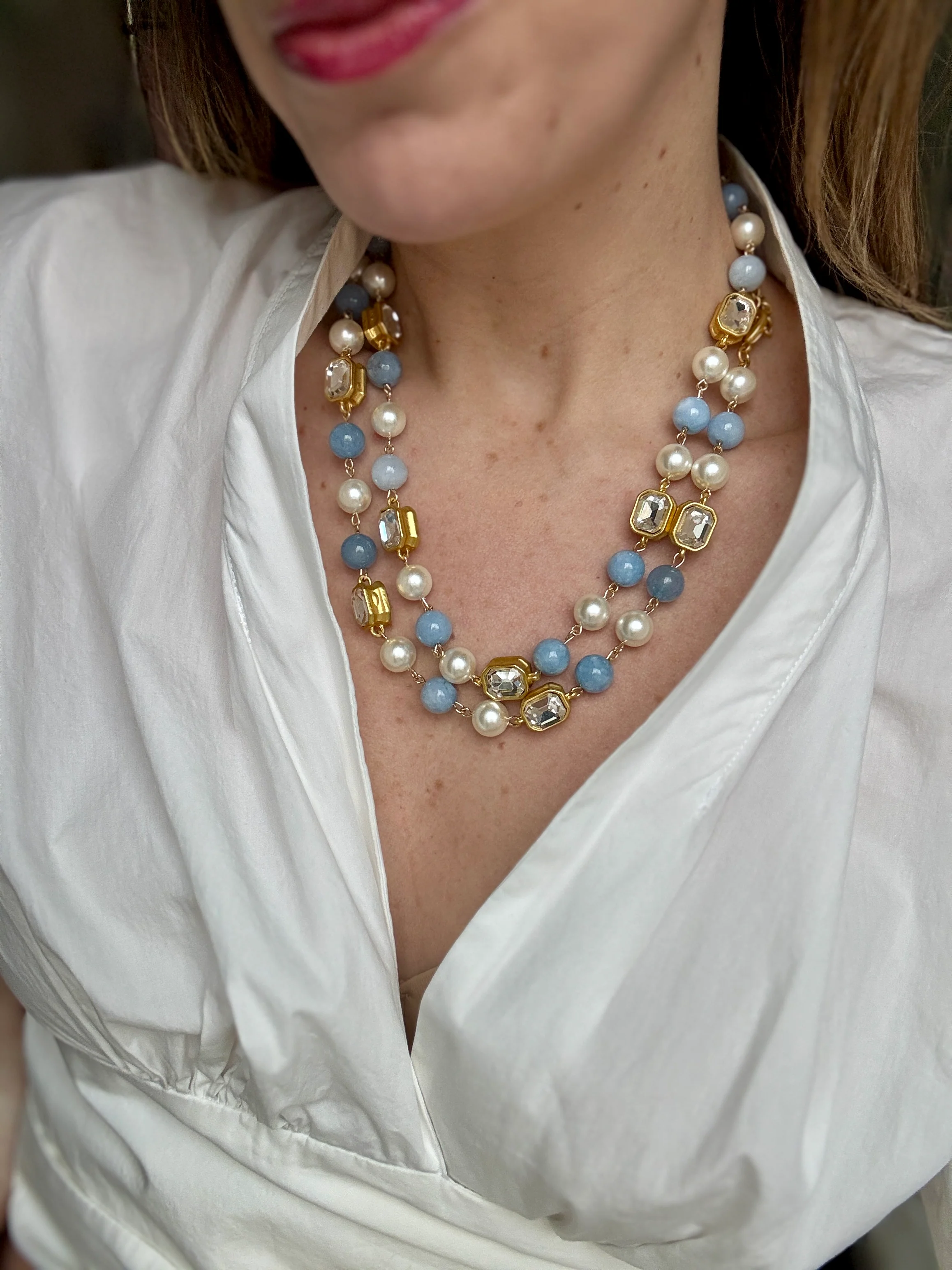 French Blue or Pink Glass Long Pearl Necklace - Image 3