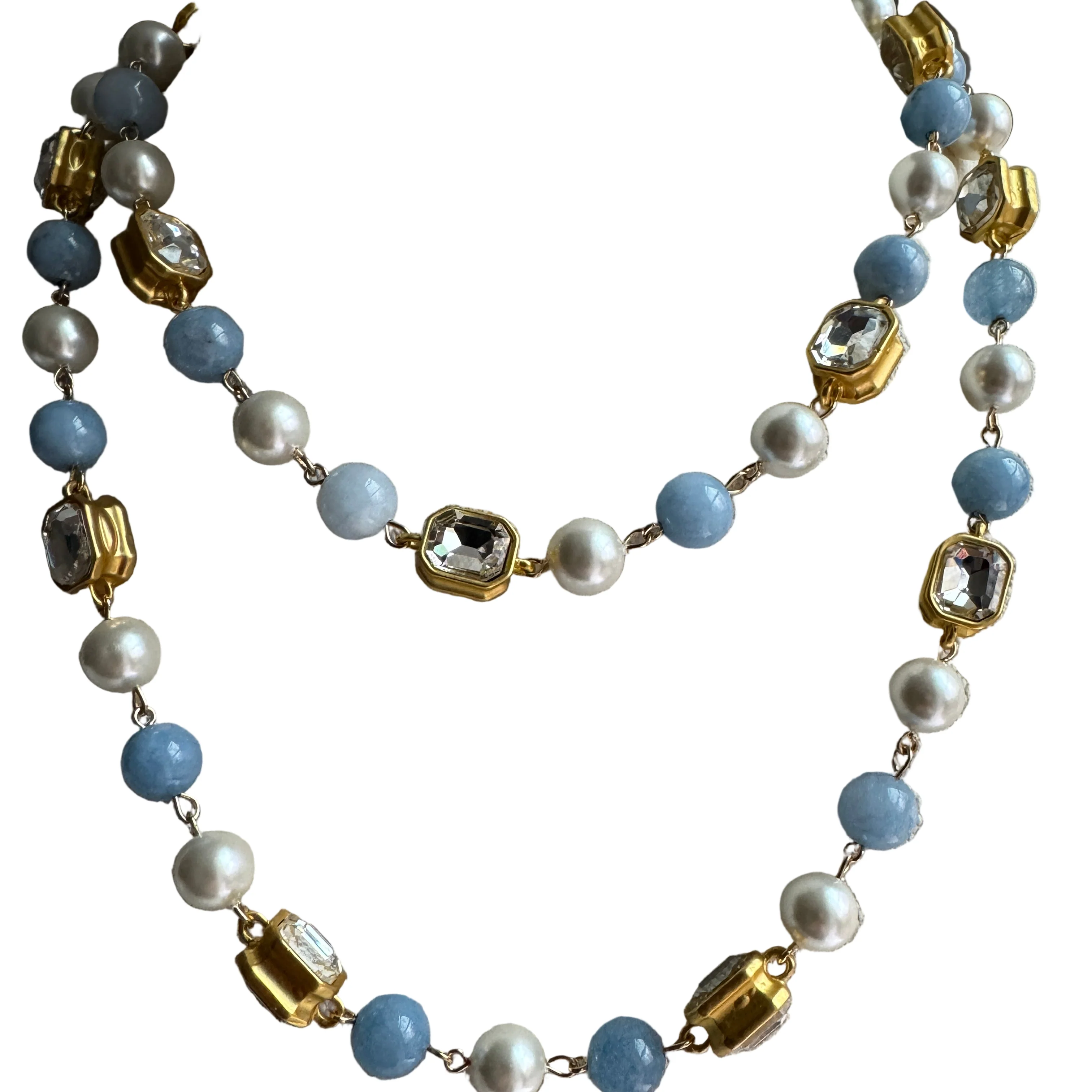 French Blue or Pink Glass Long Pearl Necklace - Image 4
