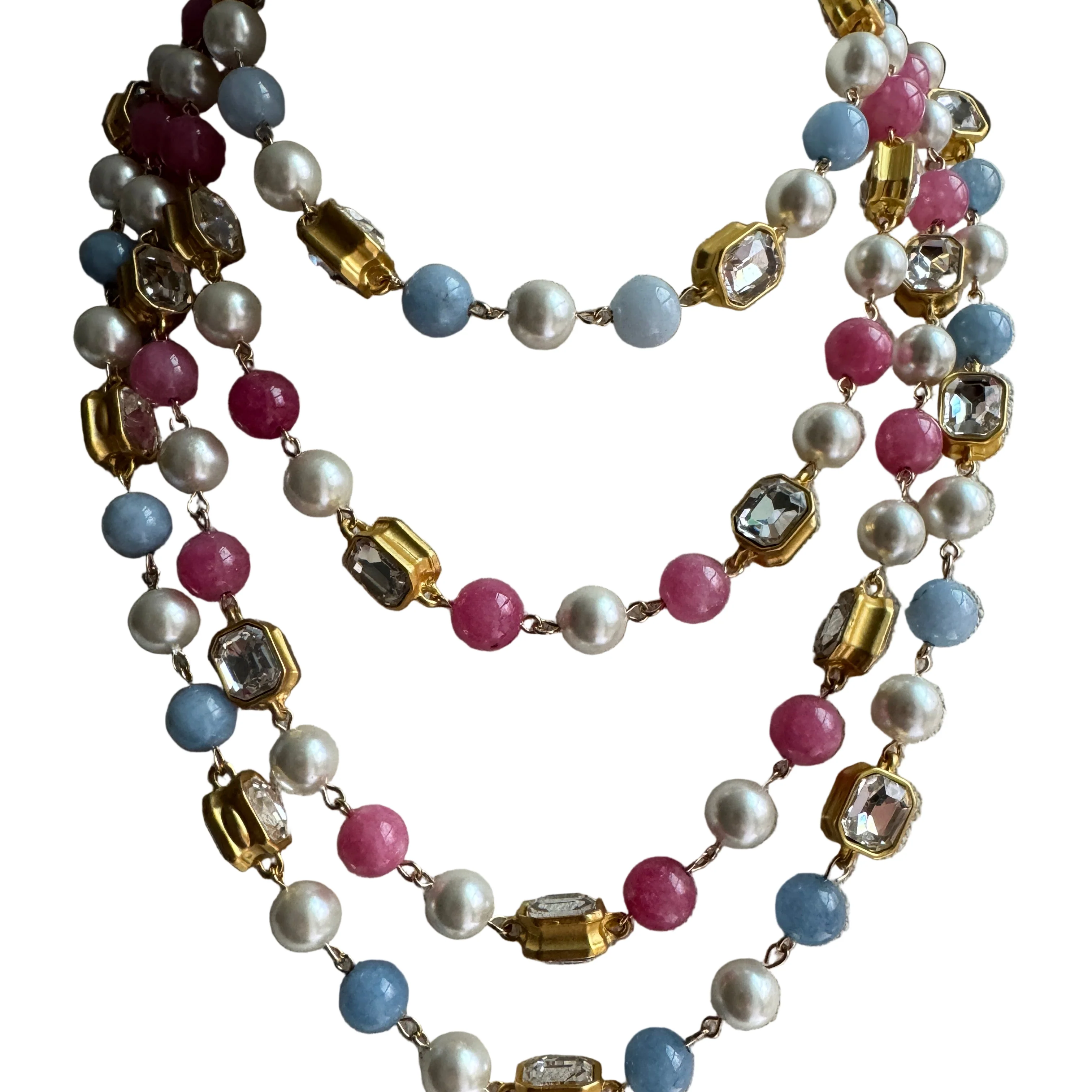 French Blue or Pink Glass Long Pearl Necklace - Image 5