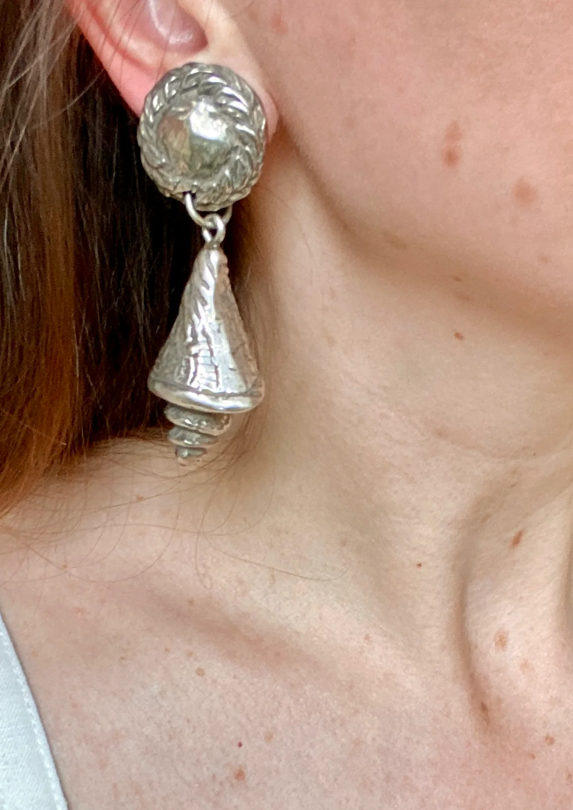 French Designer Chantal de Kerouartz Silver Shell Statement Earrings - Image 4