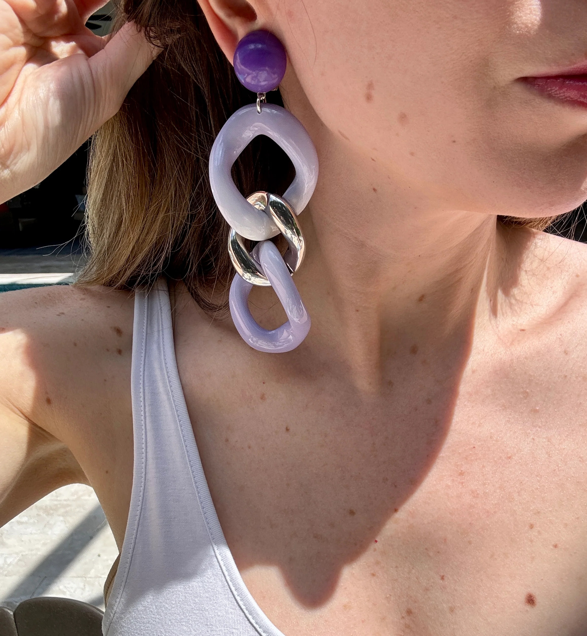 French Designer Francine Bramli Purple Ombre Silver Link Earrings - Image 3