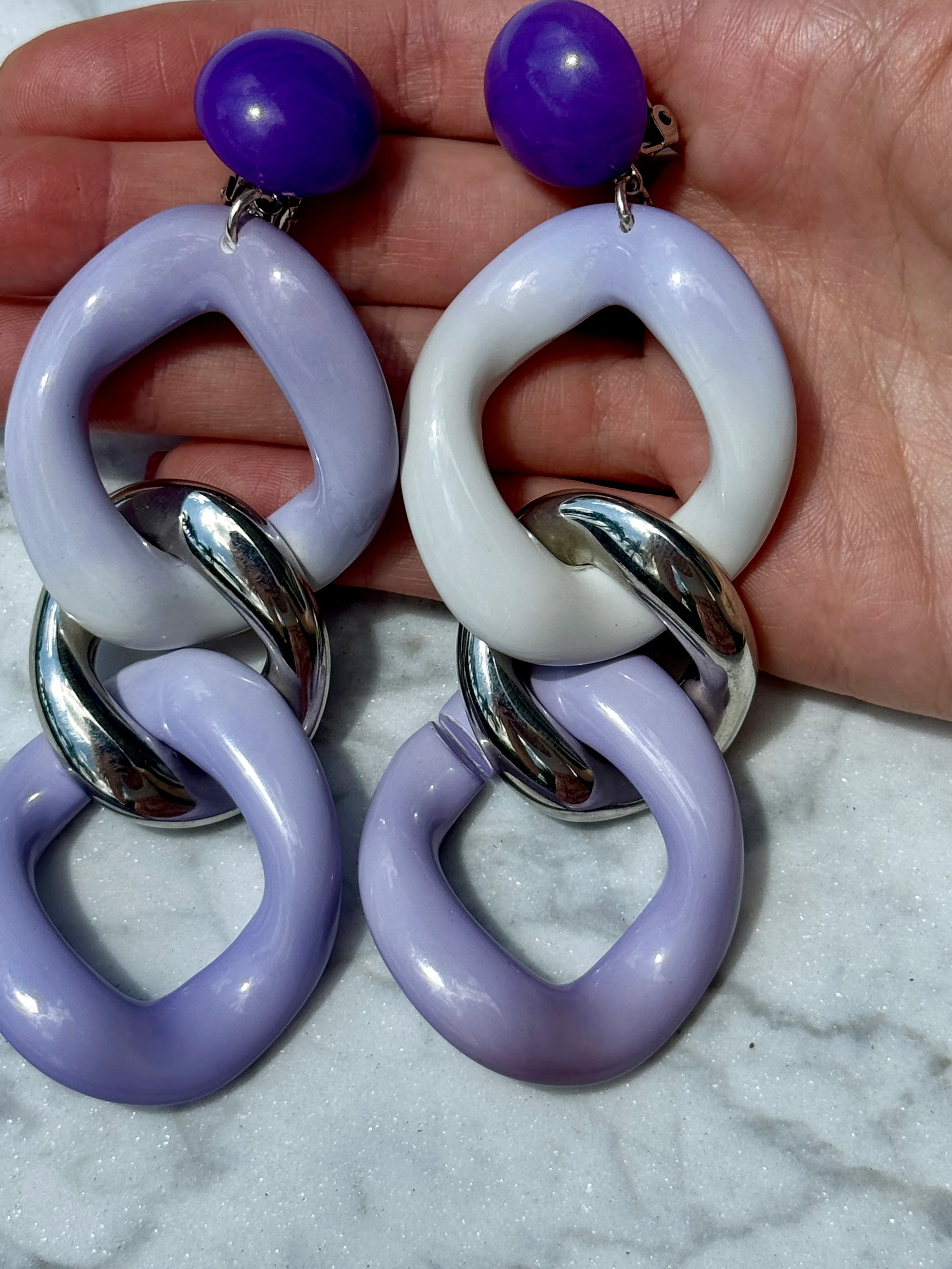 French Designer Francine Bramli Purple Ombre Silver Link Earrings - Image 4