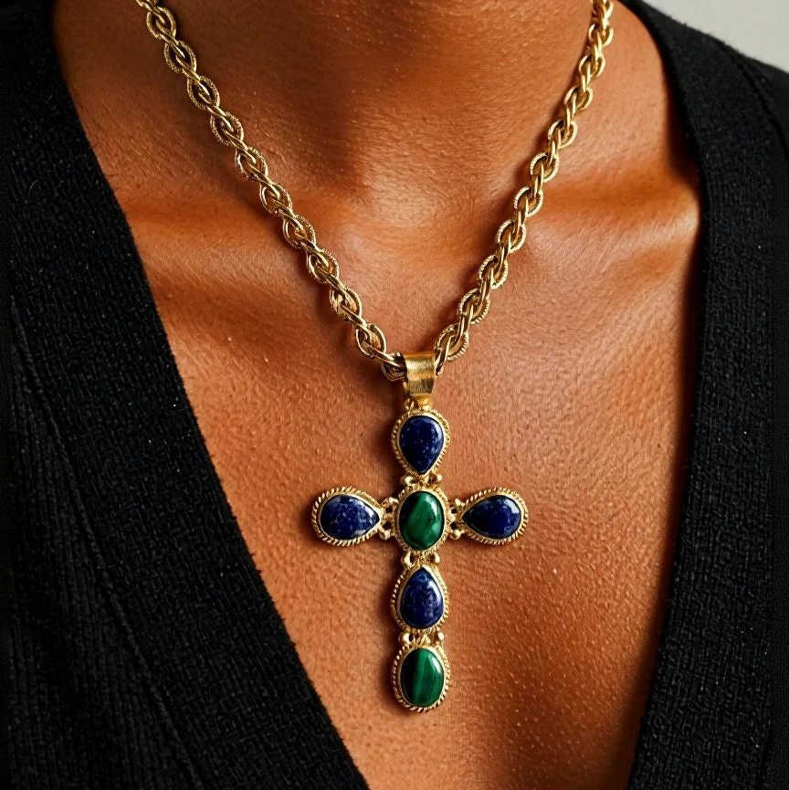 French Lapis and Malachite Cross Necklace - Image 2