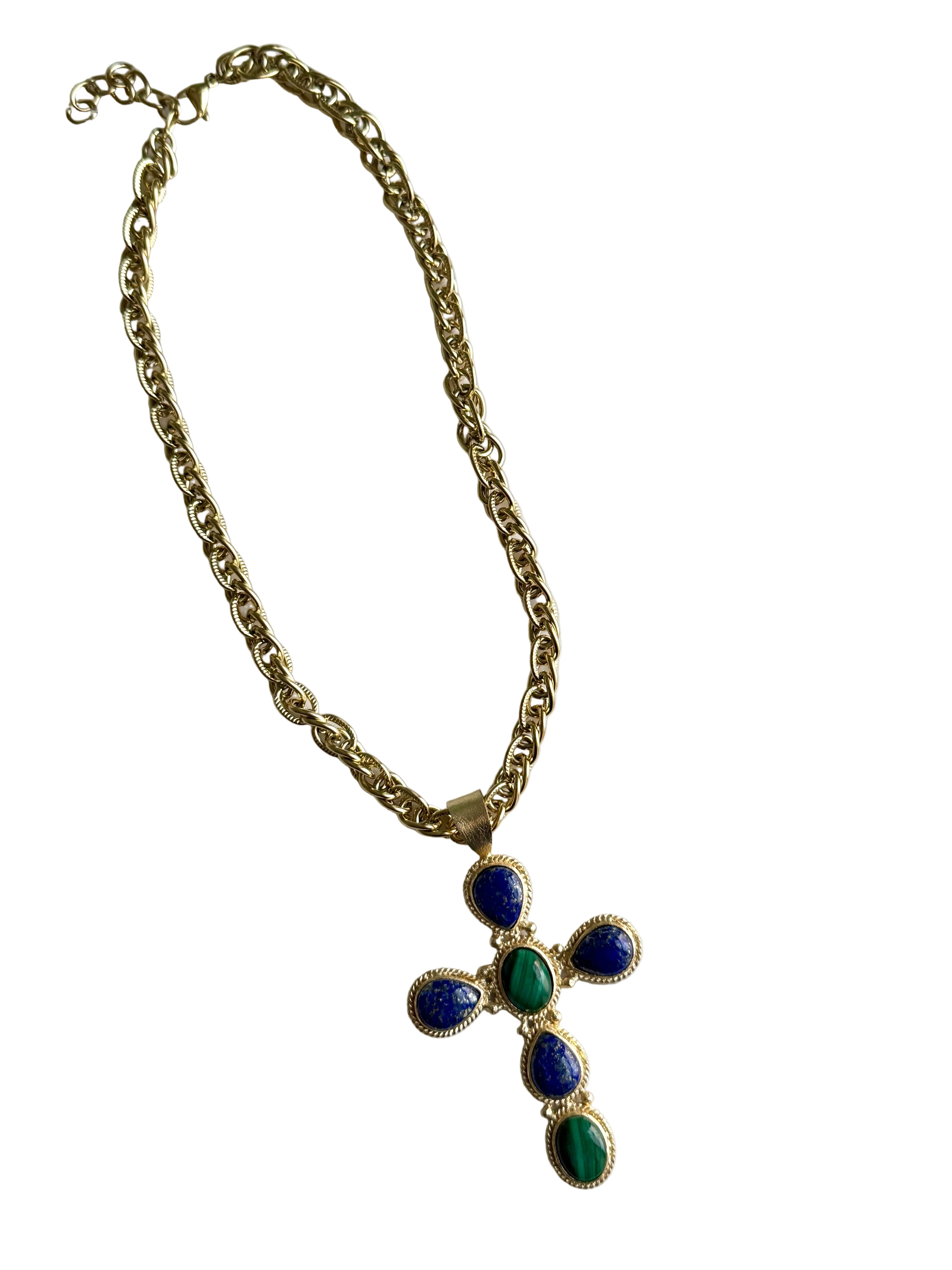 French Lapis and Malachite Cross Necklace - Image 3