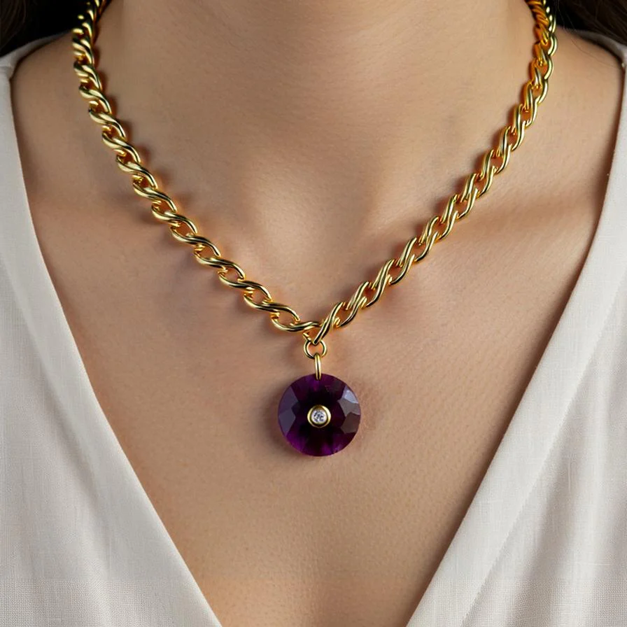 French Round Amethyst Pendant Necklace - Image 2