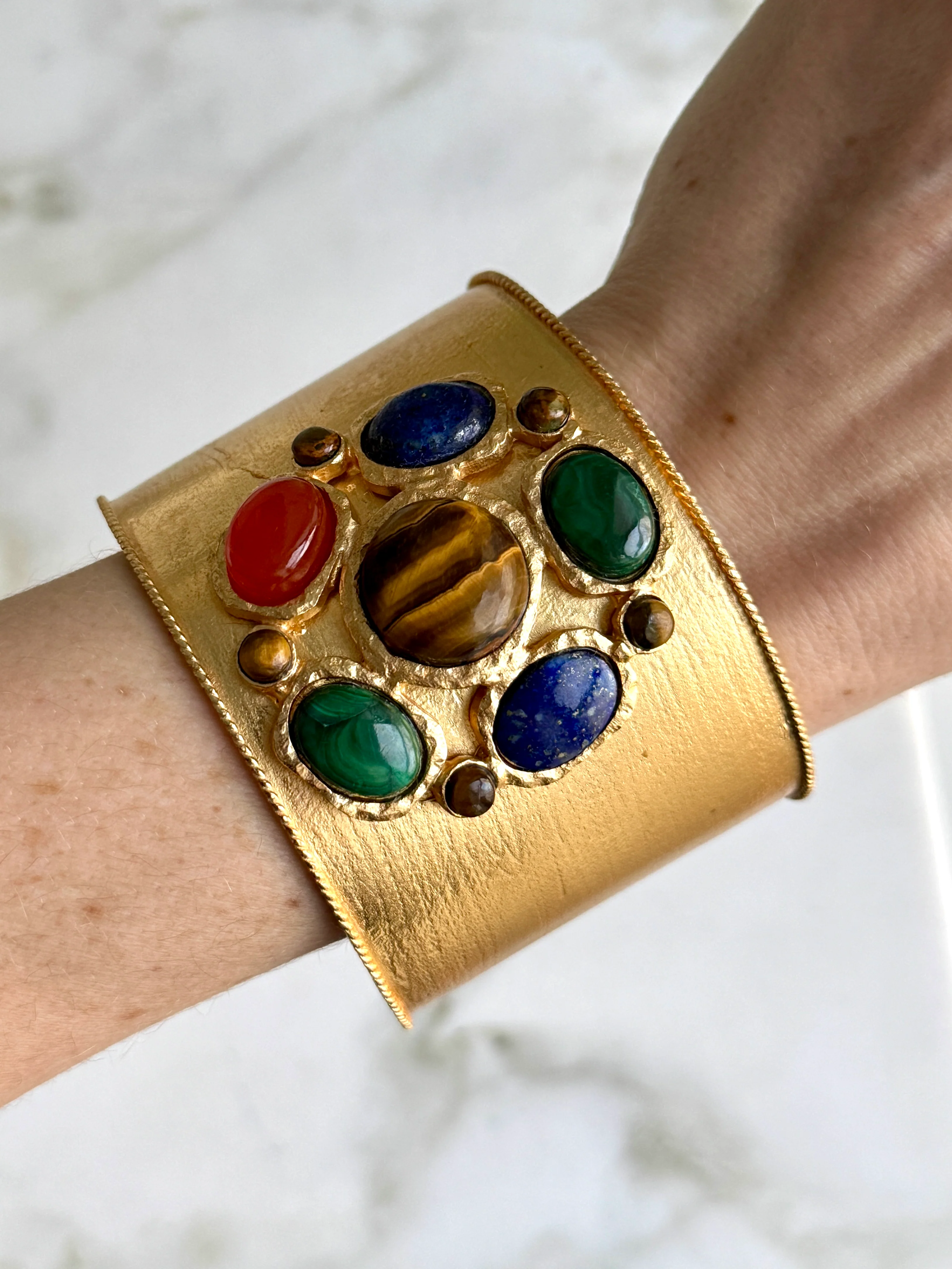 French Tiger's Eye Malachite Gold Cuff - Image 2