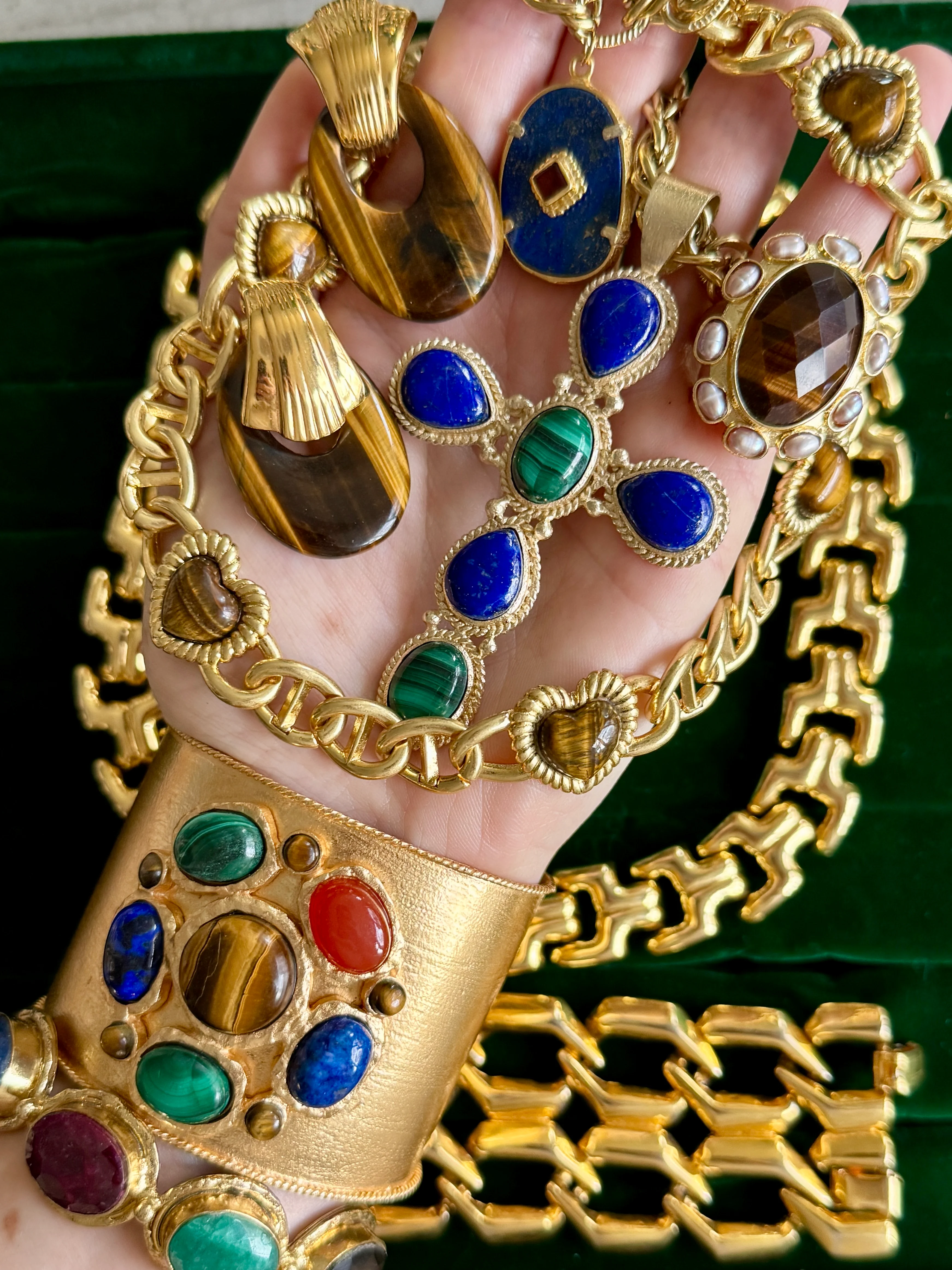 French Tiger's Eye Malachite Gold Cuff - Image 3