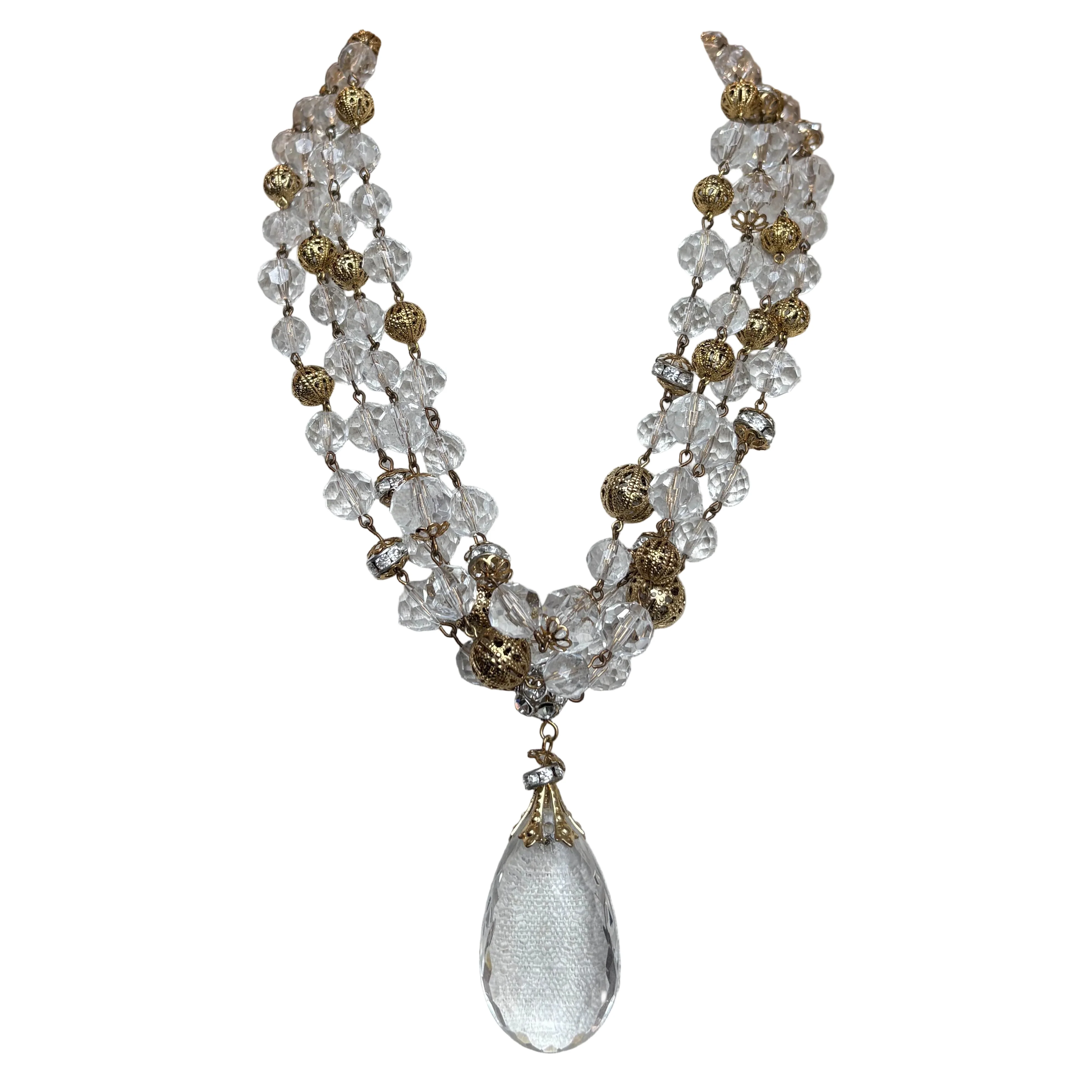 Vintage Lucite Crystal Filagree Crystal Drop Necklace