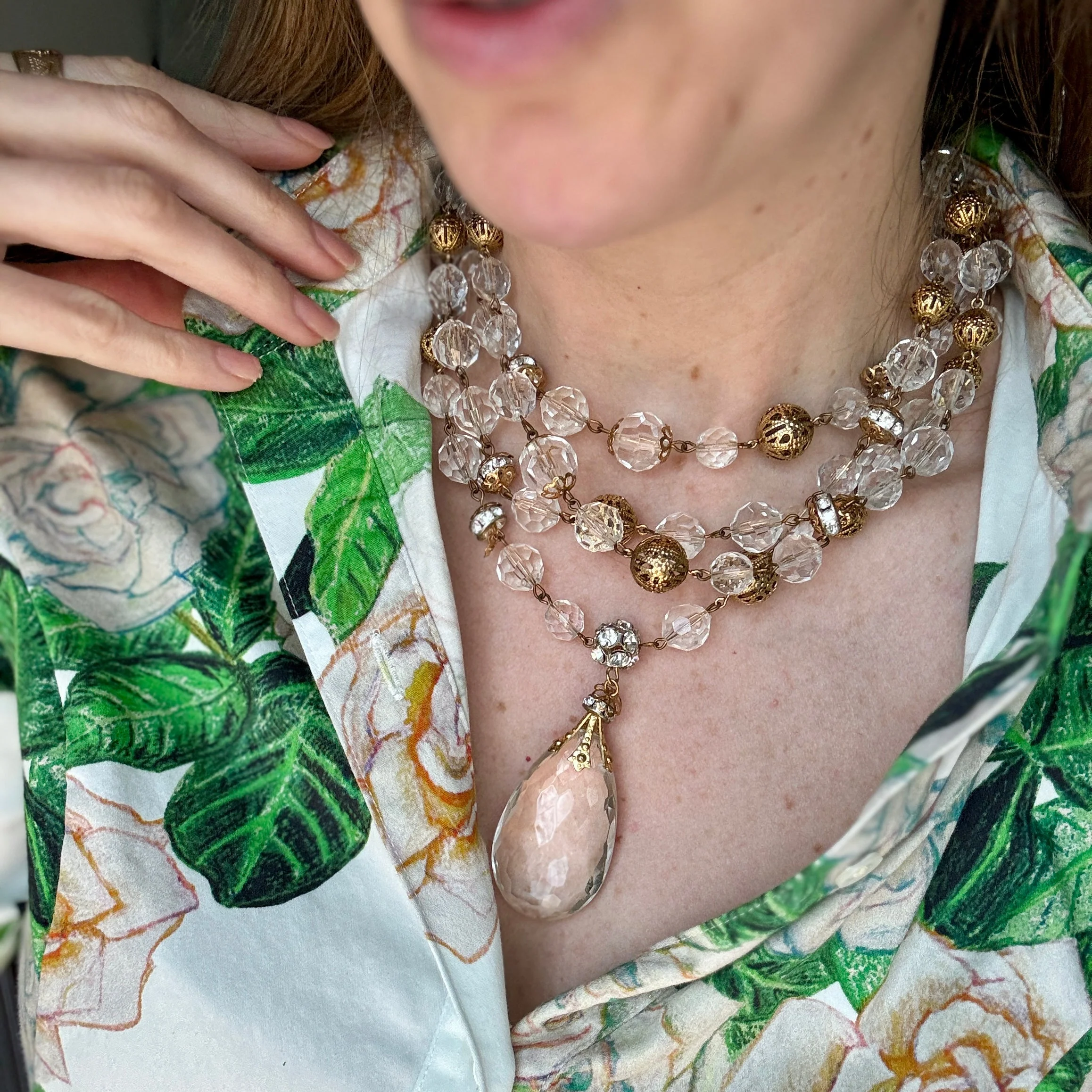 Vintage Lucite Crystal Filagree Crystal Drop Necklace - Image 2