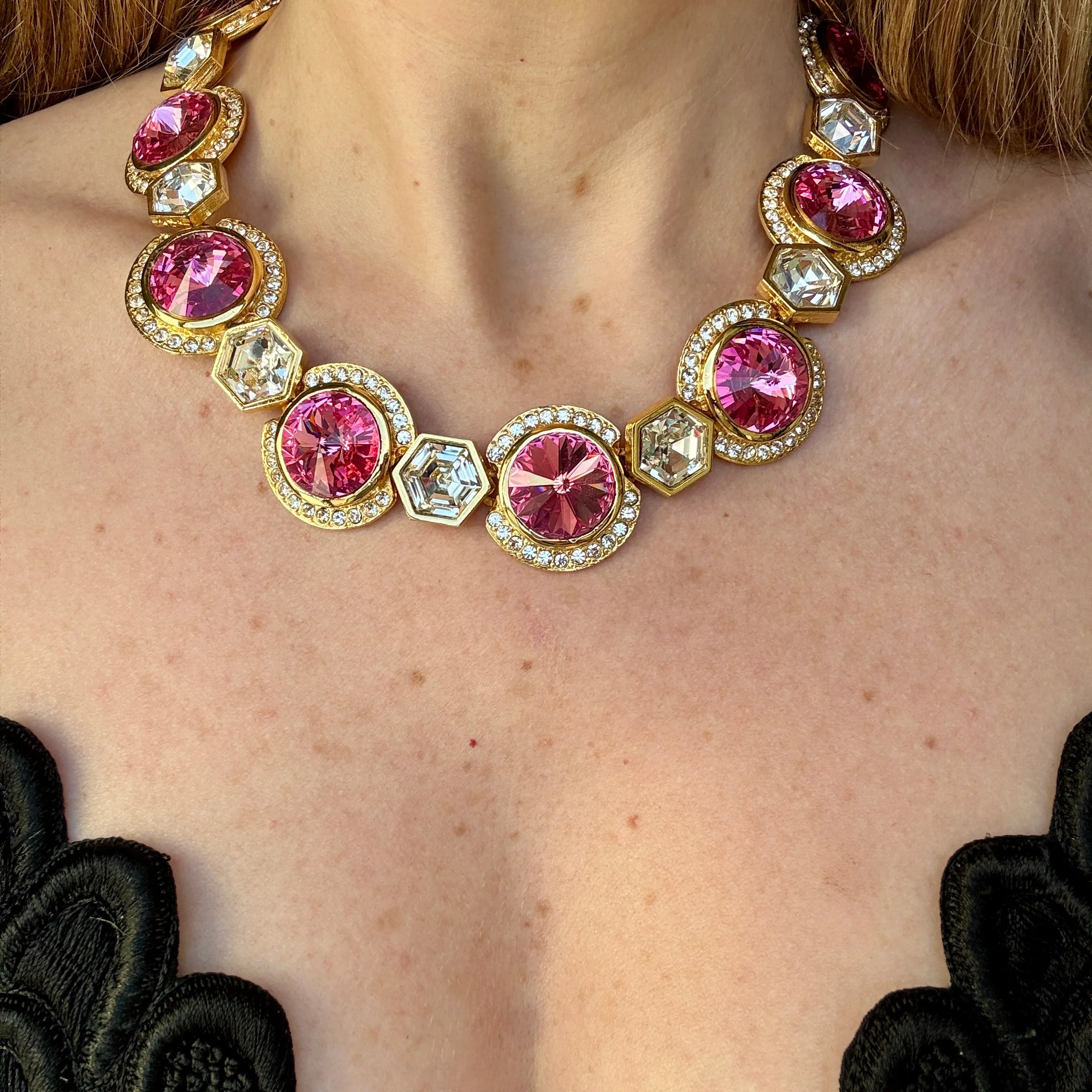 Gorgous 1980s Vintage Pink Crystal Statement Necklace - Image 2