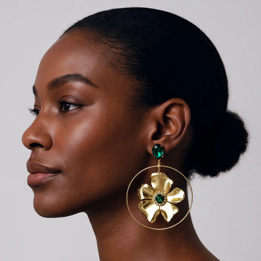 Hayden Emerald Gold Flower Hoop Earrings - Image 2