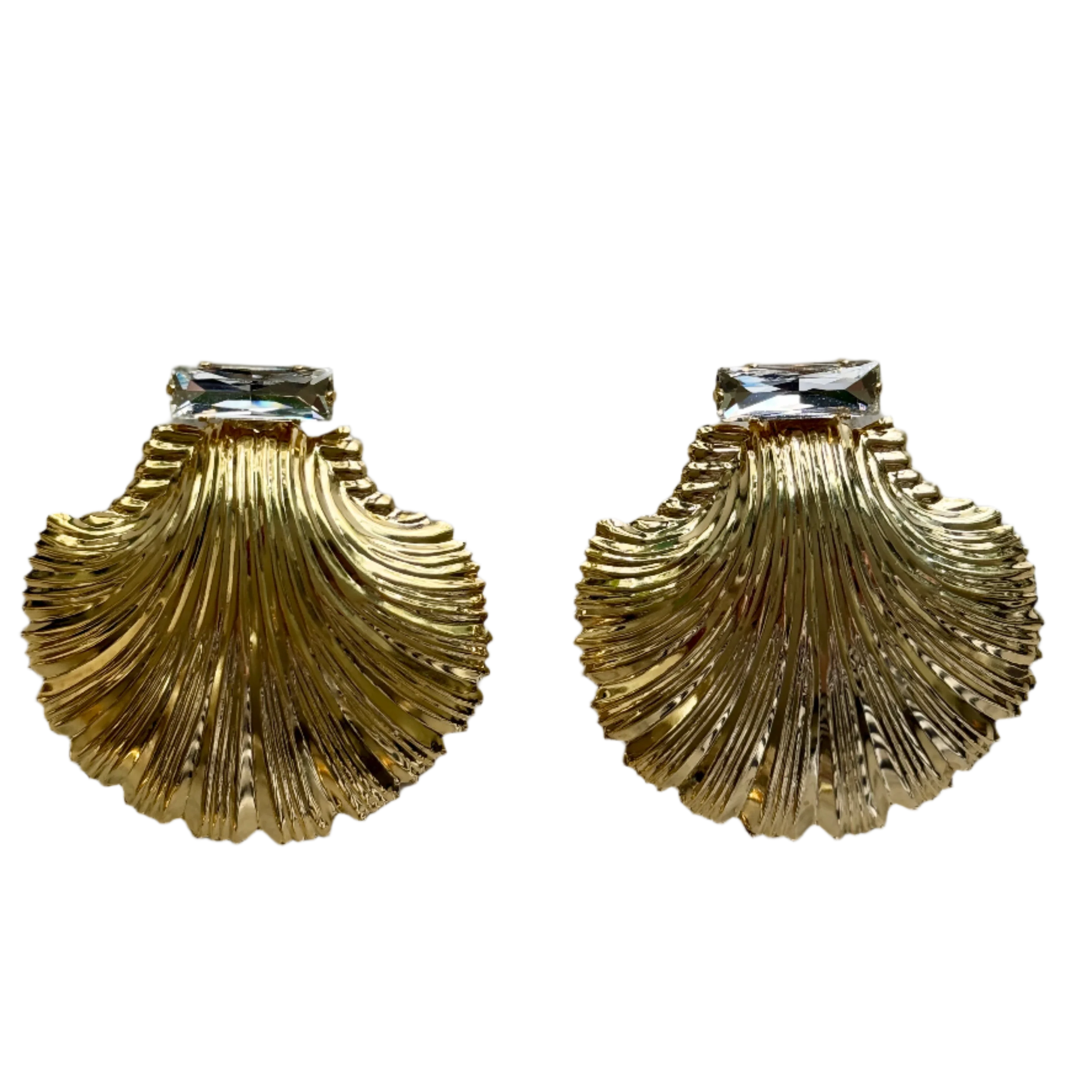 Large Diamond Clear Crystal Gold Shell Earrings